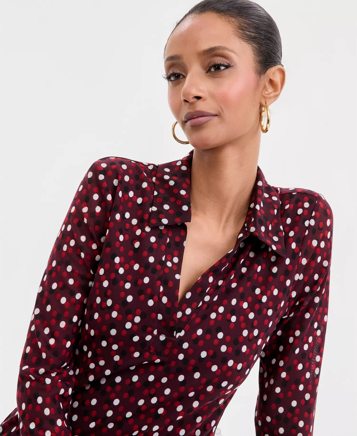 Women's Long-Sleeve Printed Mesh Collared Top, Macy's Exclusive - Ari Dots - L