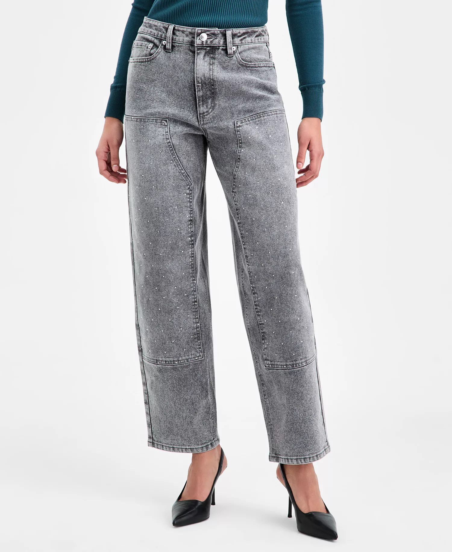 Women's Rhinestone Embellished Barrel-Leg Jeans, Macy's Exclusive - Gray Wash - 0
