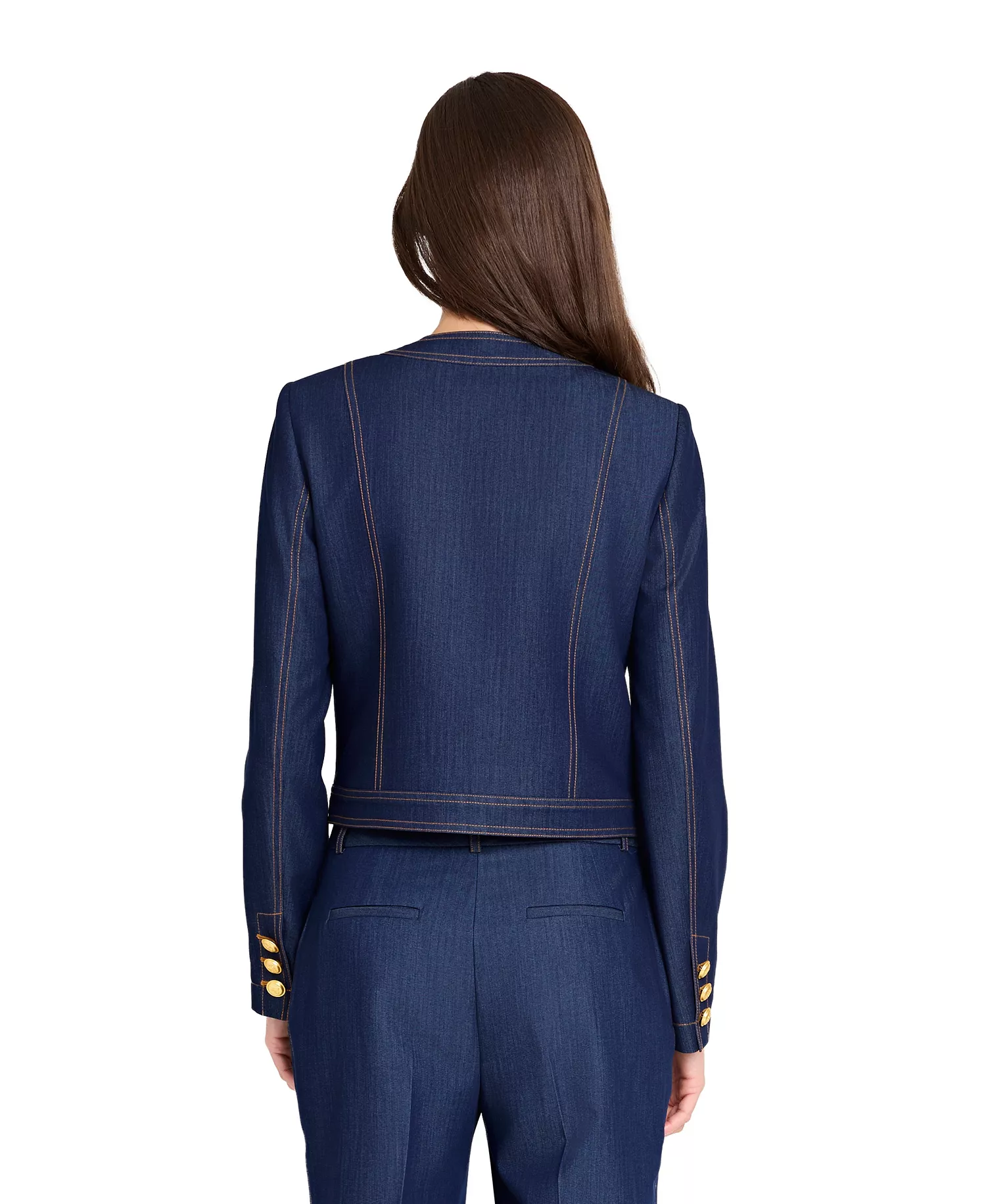 Women's Collarless Button Front Denim Cropped Jacket - Dark Denim - 2