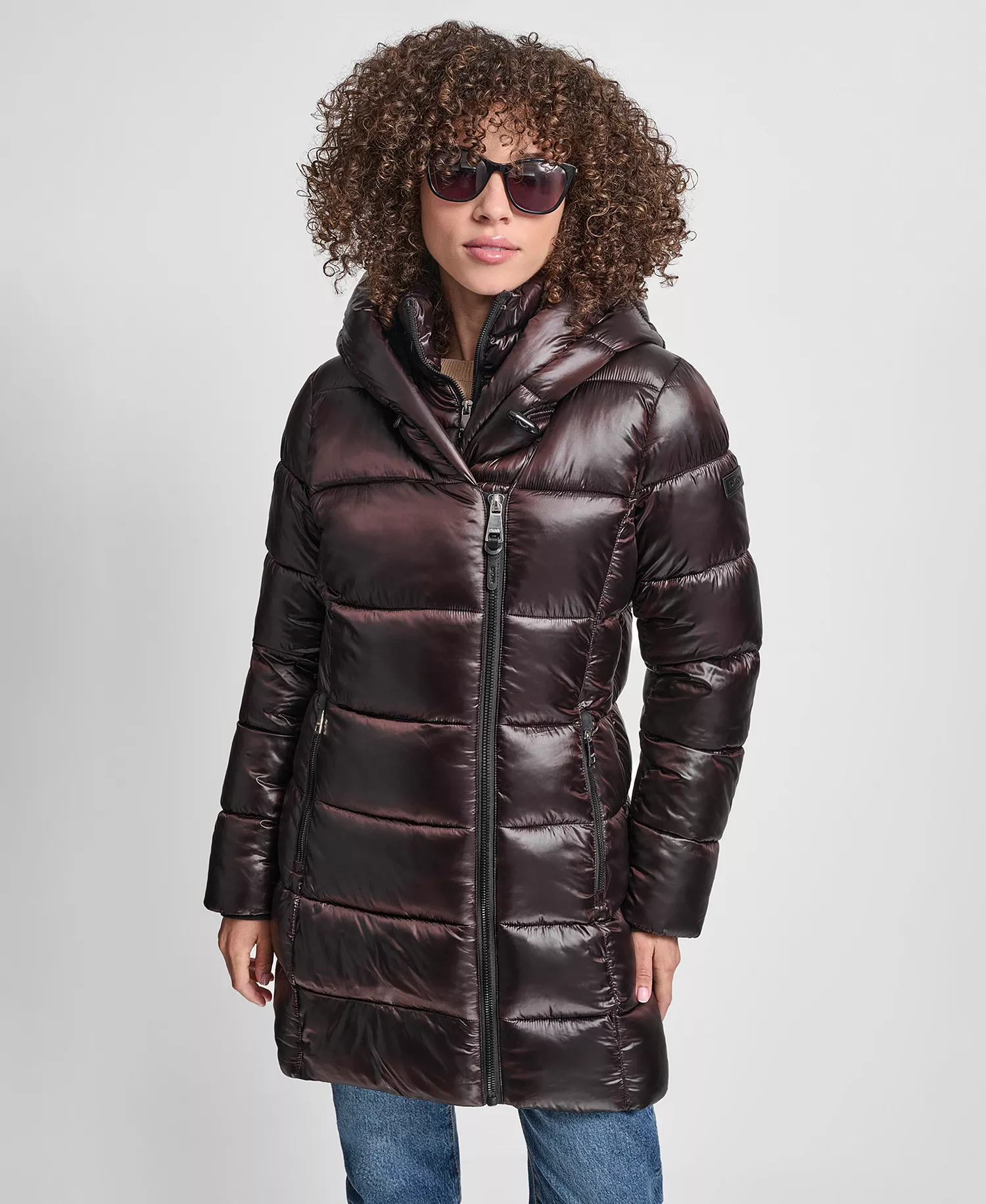 Women's Bibbed Shawl-Collar Packable Shine Puffer Coat - Bitter - L