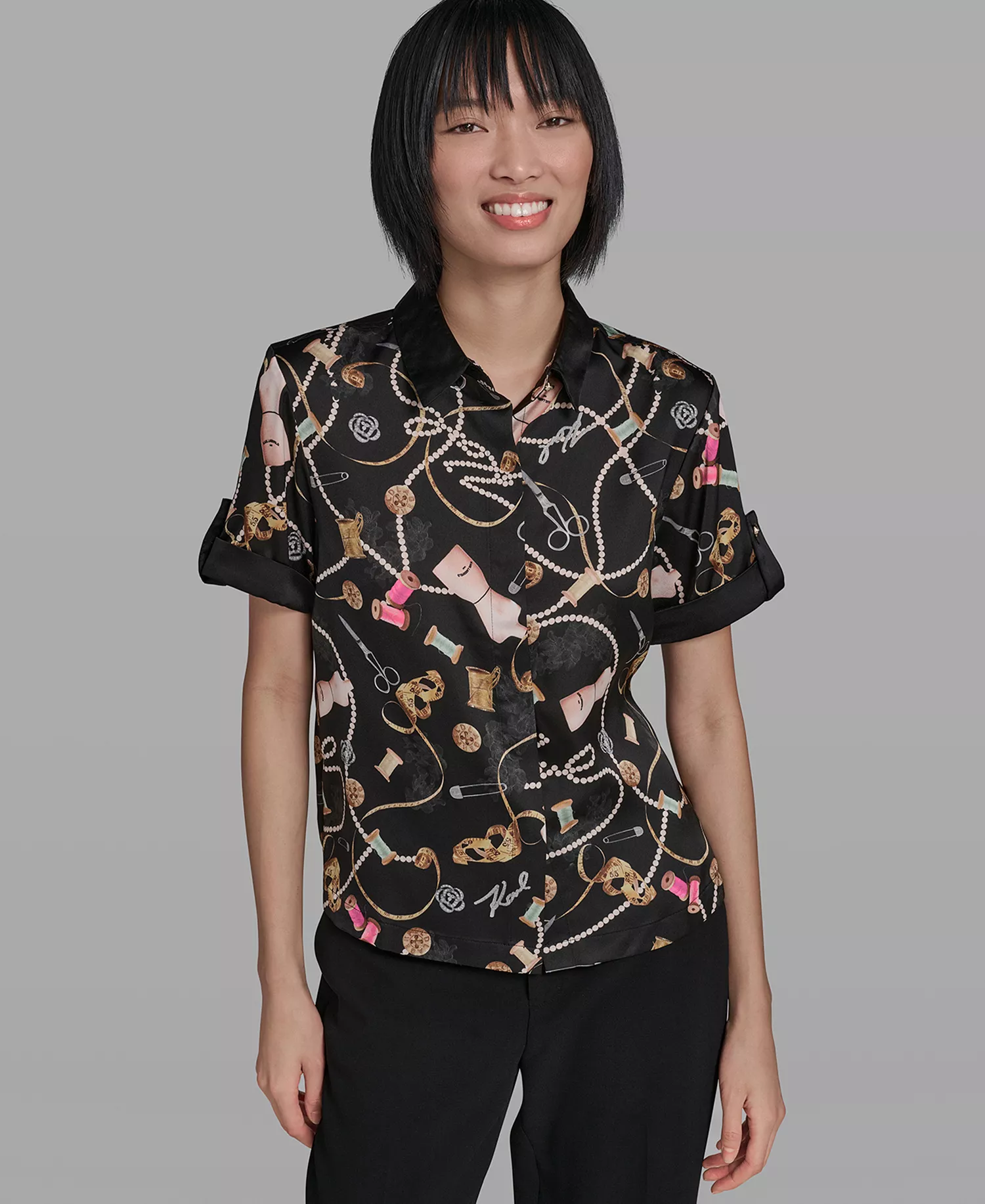 Women's Sewing Detail Printed Camp Collared Shirt - Black Combo - L