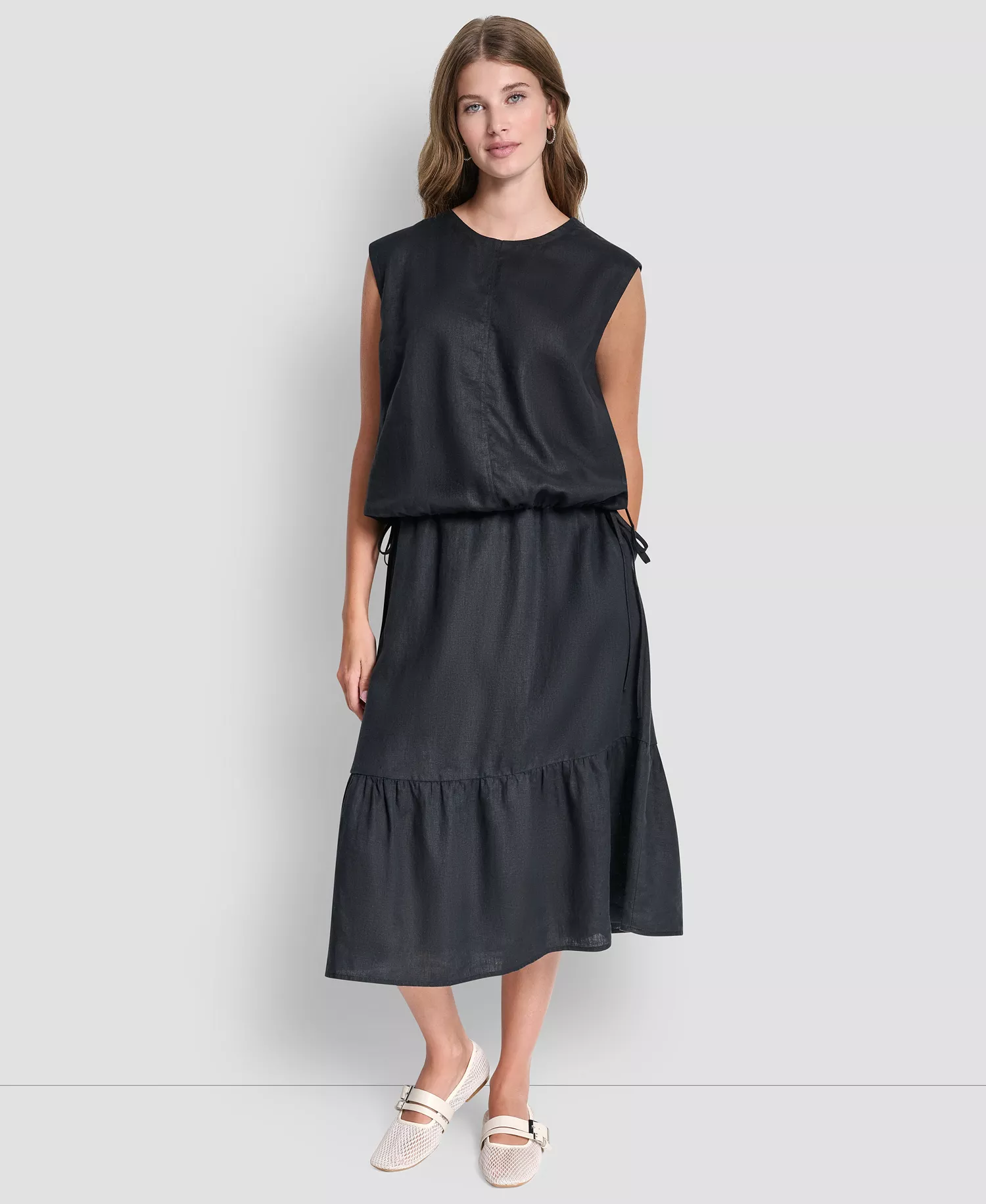 Women's Linen Drawstring Hem Sleeveless Top - Black - L