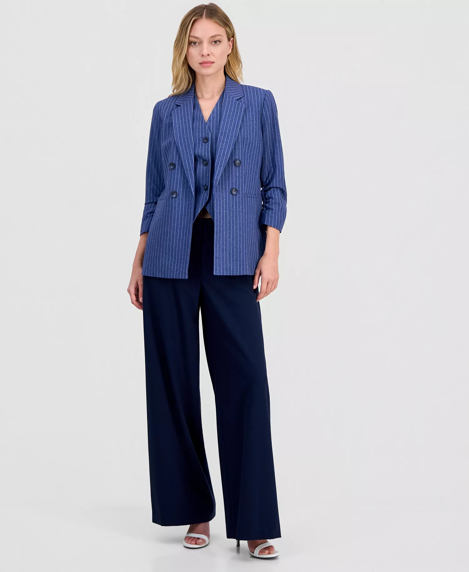 Women's Pinstripe Notched-Collar Jacket & V-Neck Vest, Macy's Exclusive - Bar Navy Multi - L