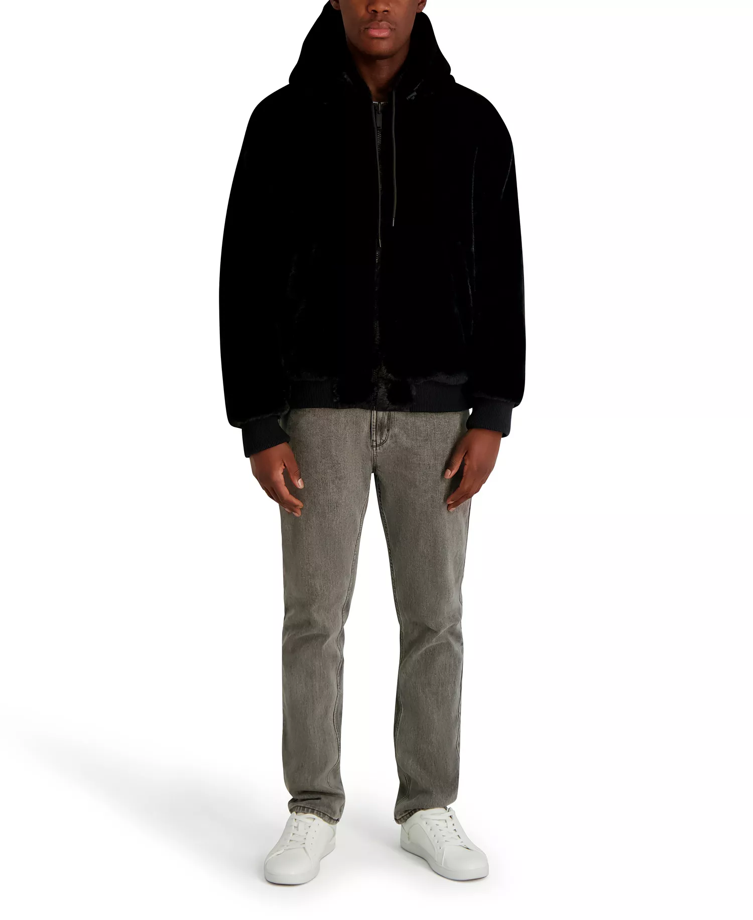 Men's Reversible Faux Fur Bomber Jacket - Black - L