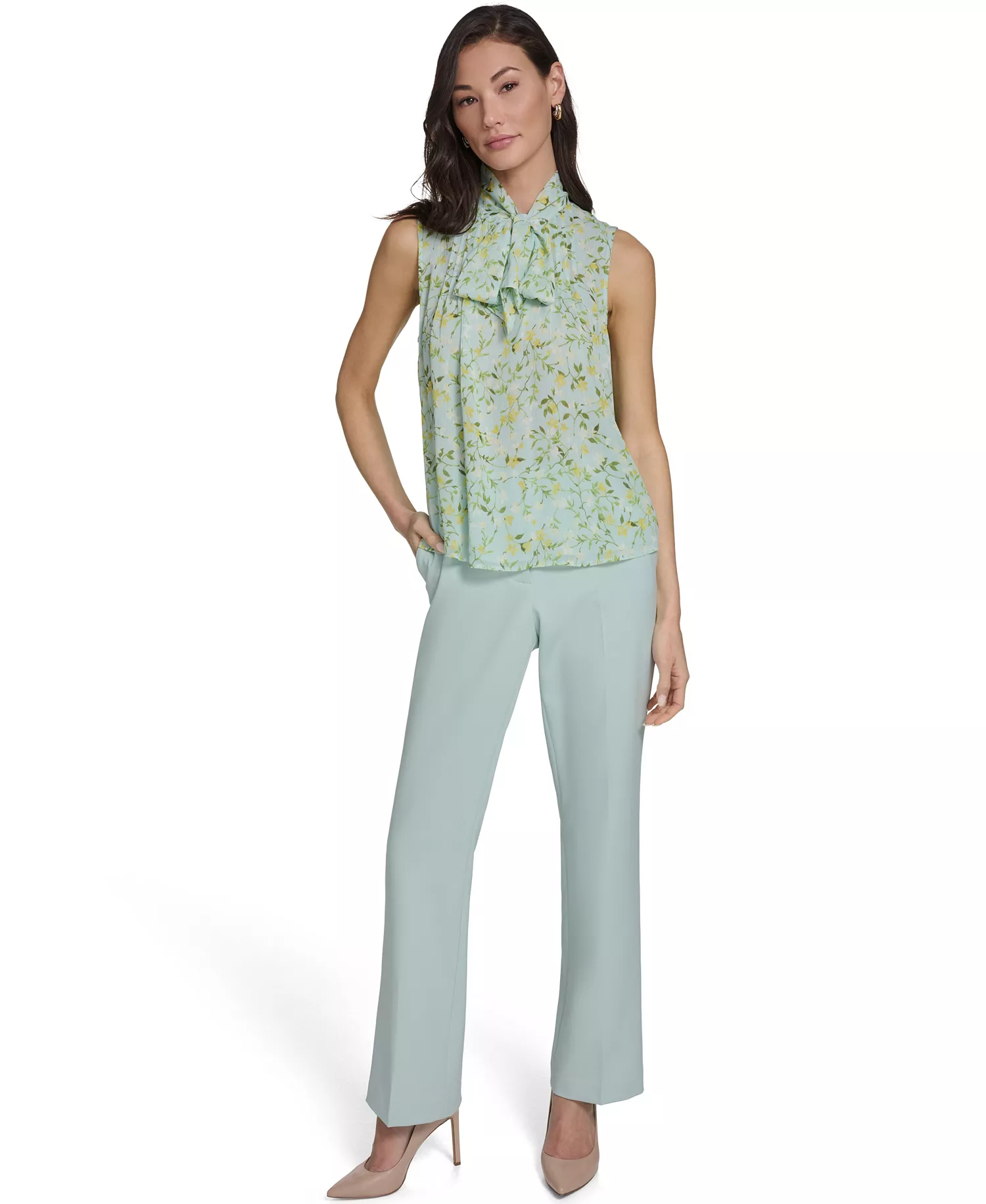 Women's Floral Vine Pintuck Top - Harbor Gray/Sunshine - L