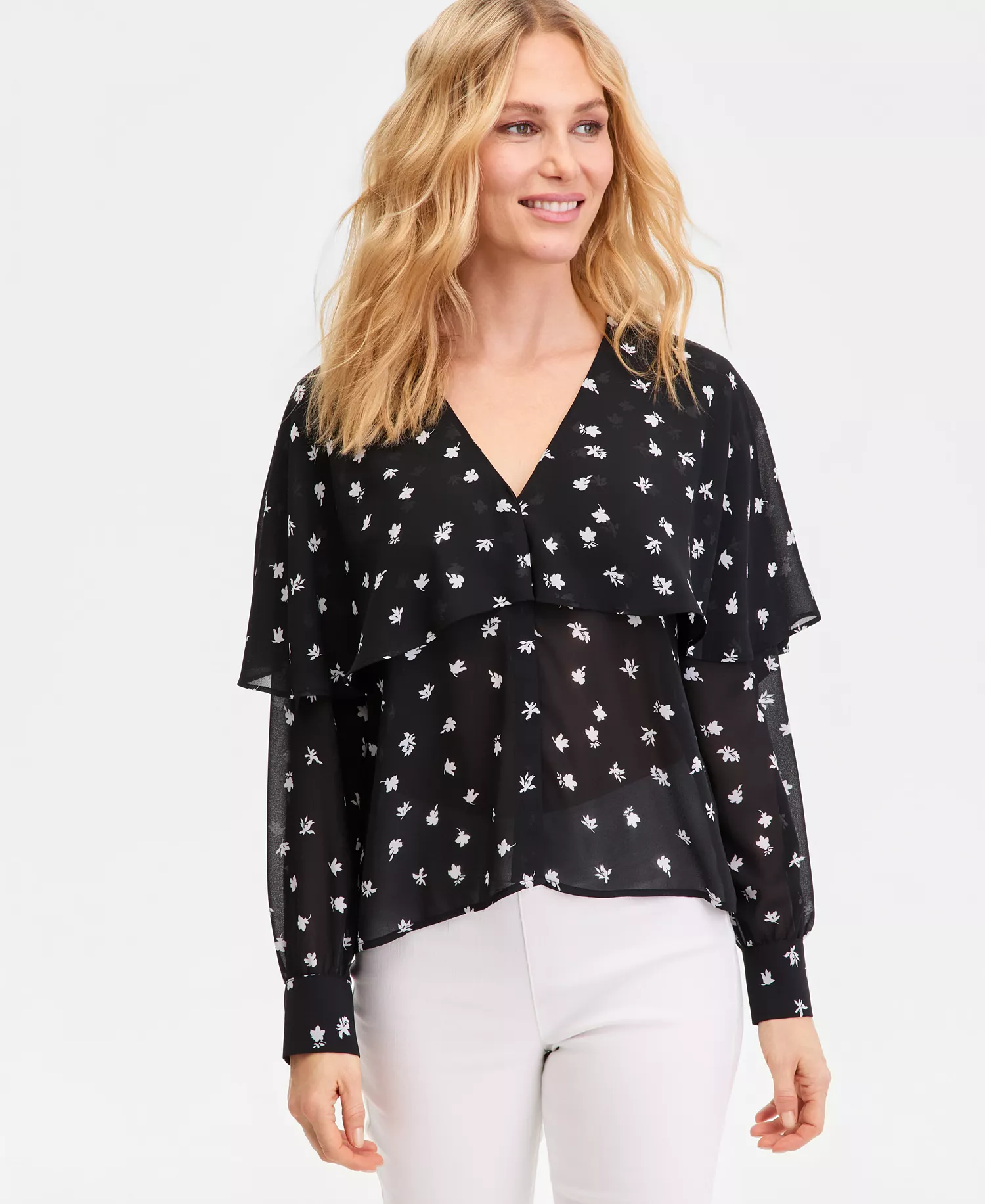 Women's Long-Sleeve Printed Capelet Blouse, Macy's Exclusive - Liah Floral - L