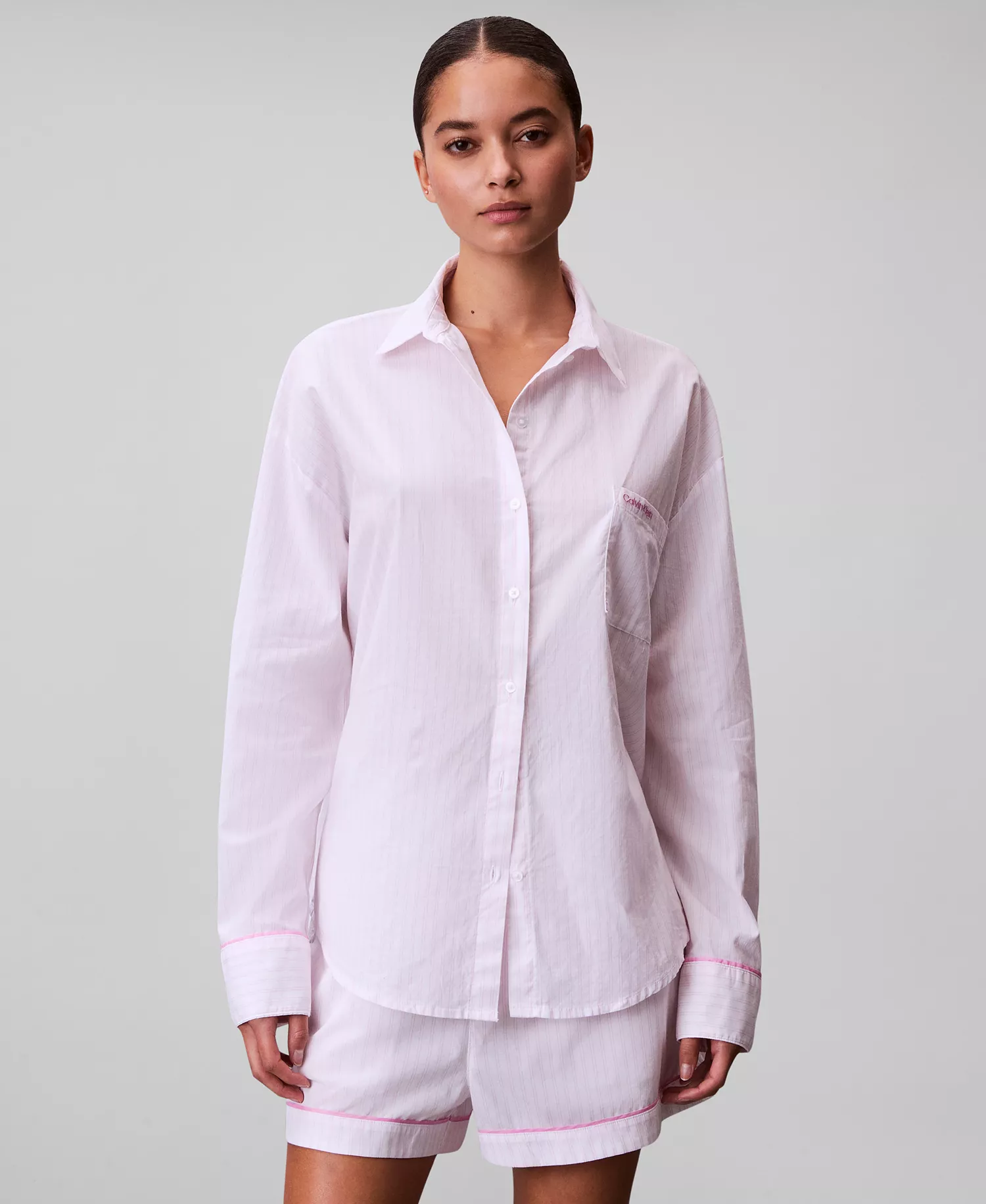Women's Poplin Button-Down Pajama Shirt - Classic White Stripe - L