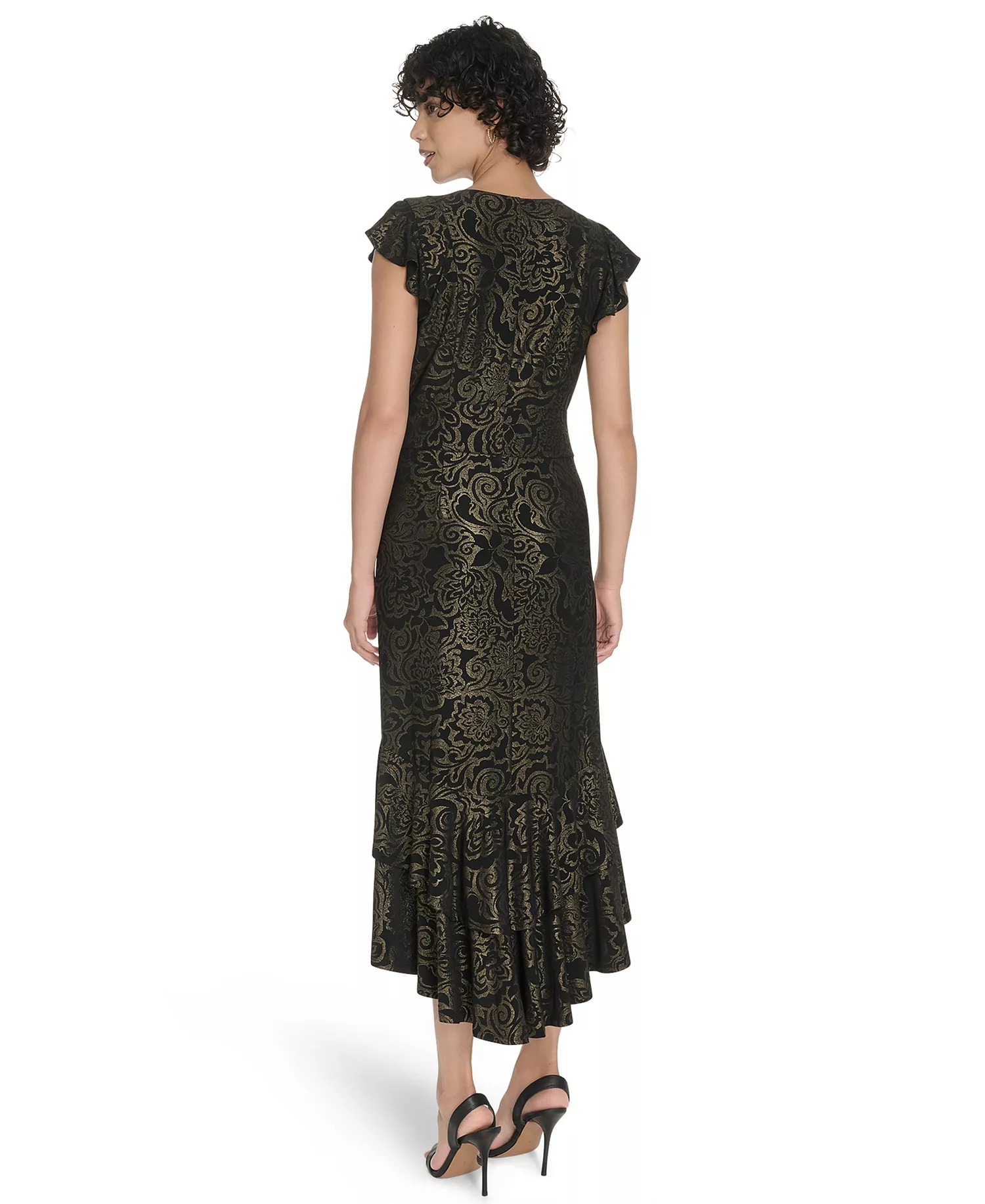 Petite Flutter Sleeve Foil Midi Dress - Black/Gold - 0P