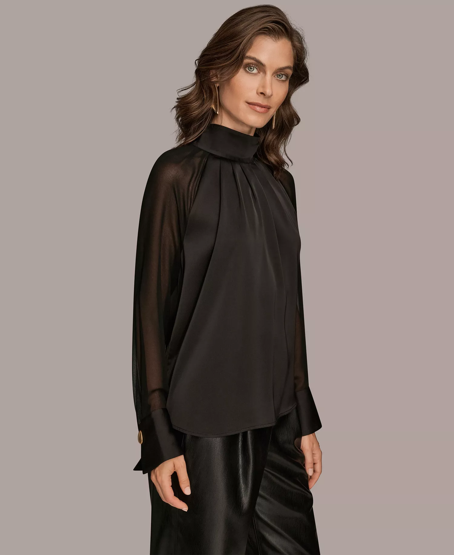 Women's High Neck Mix Media Blouse - Black - S