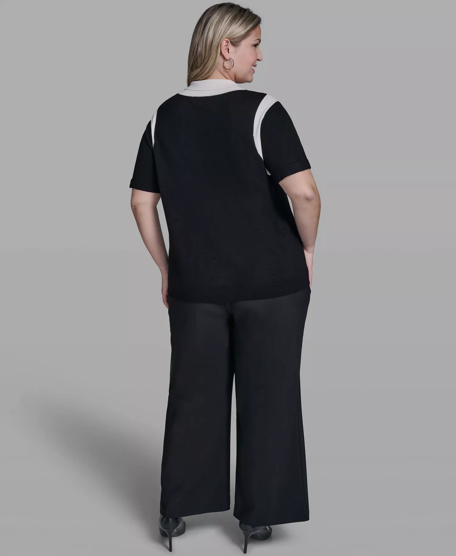 Plus Size Solid Short-Sleeve Polo Sweater - Black/Bisque - 0X