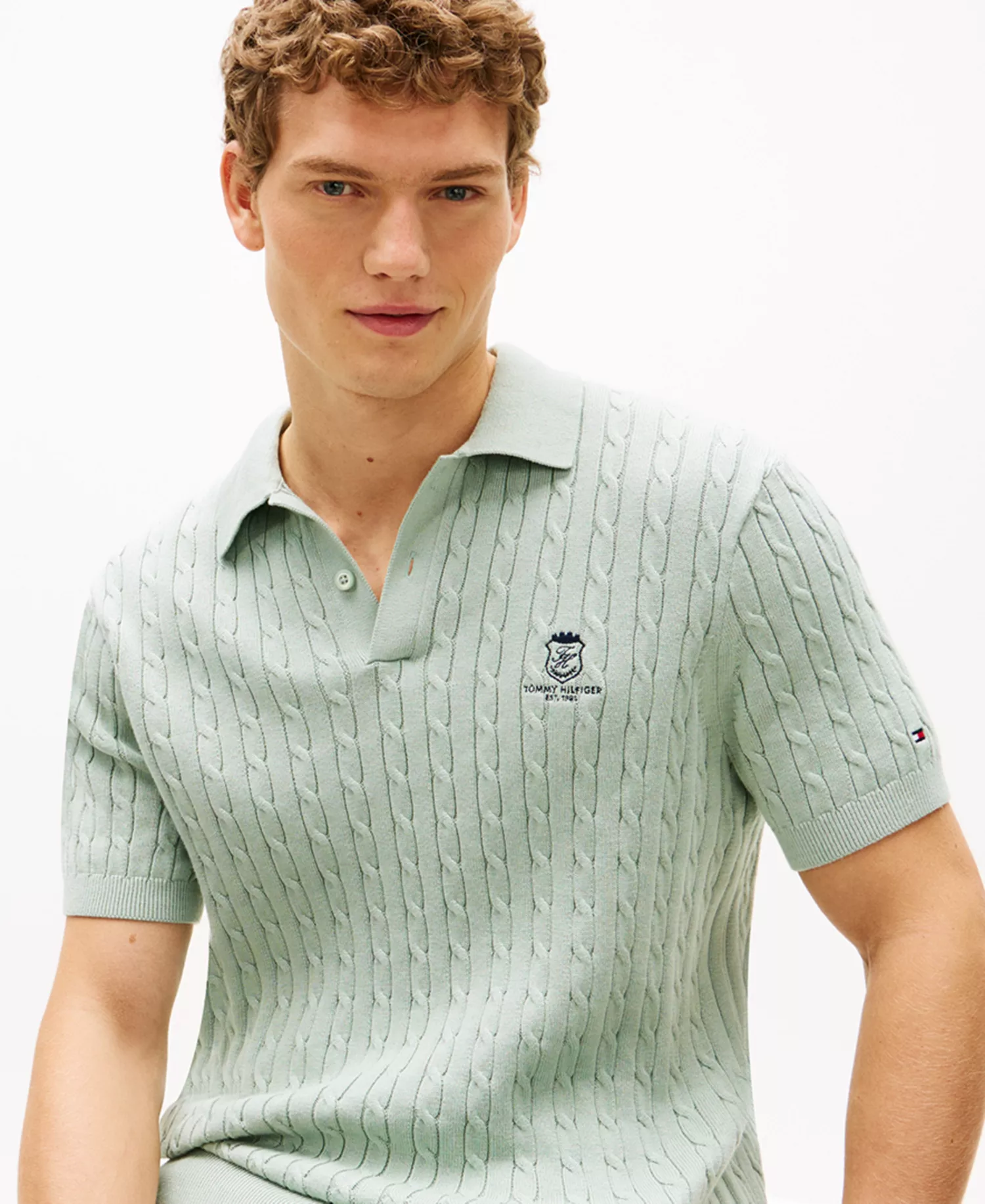 Men's Cable Short-Sleeve Polo Shirt - Minty Gray - L
