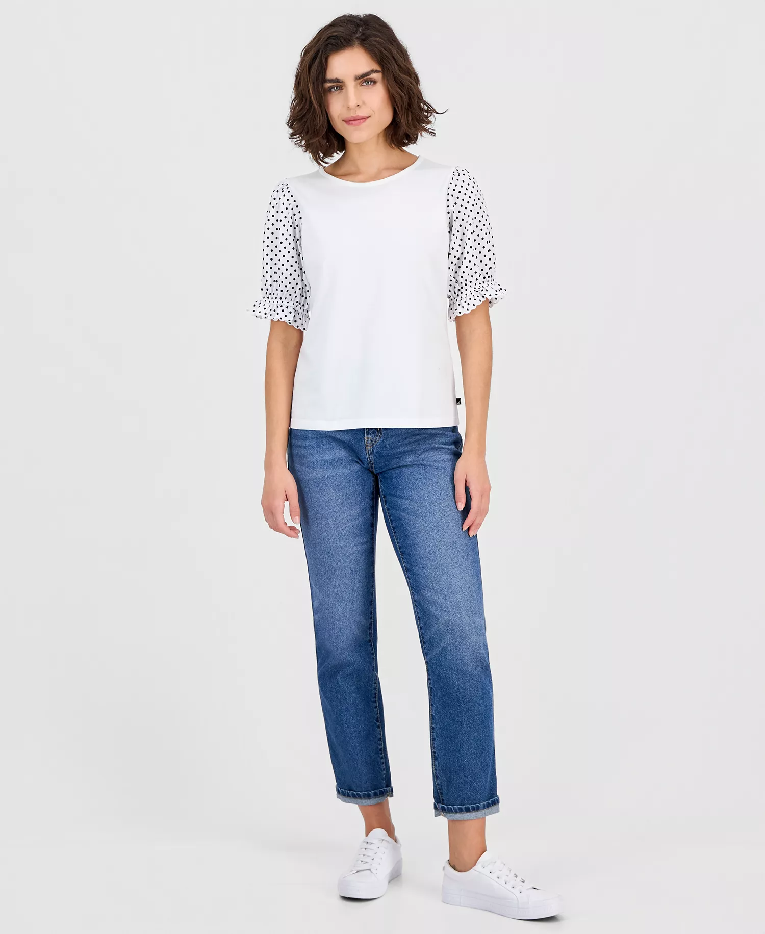Nautica Women's Round-Neck Contrast-Puff-Sleeve Top - Bright White - L