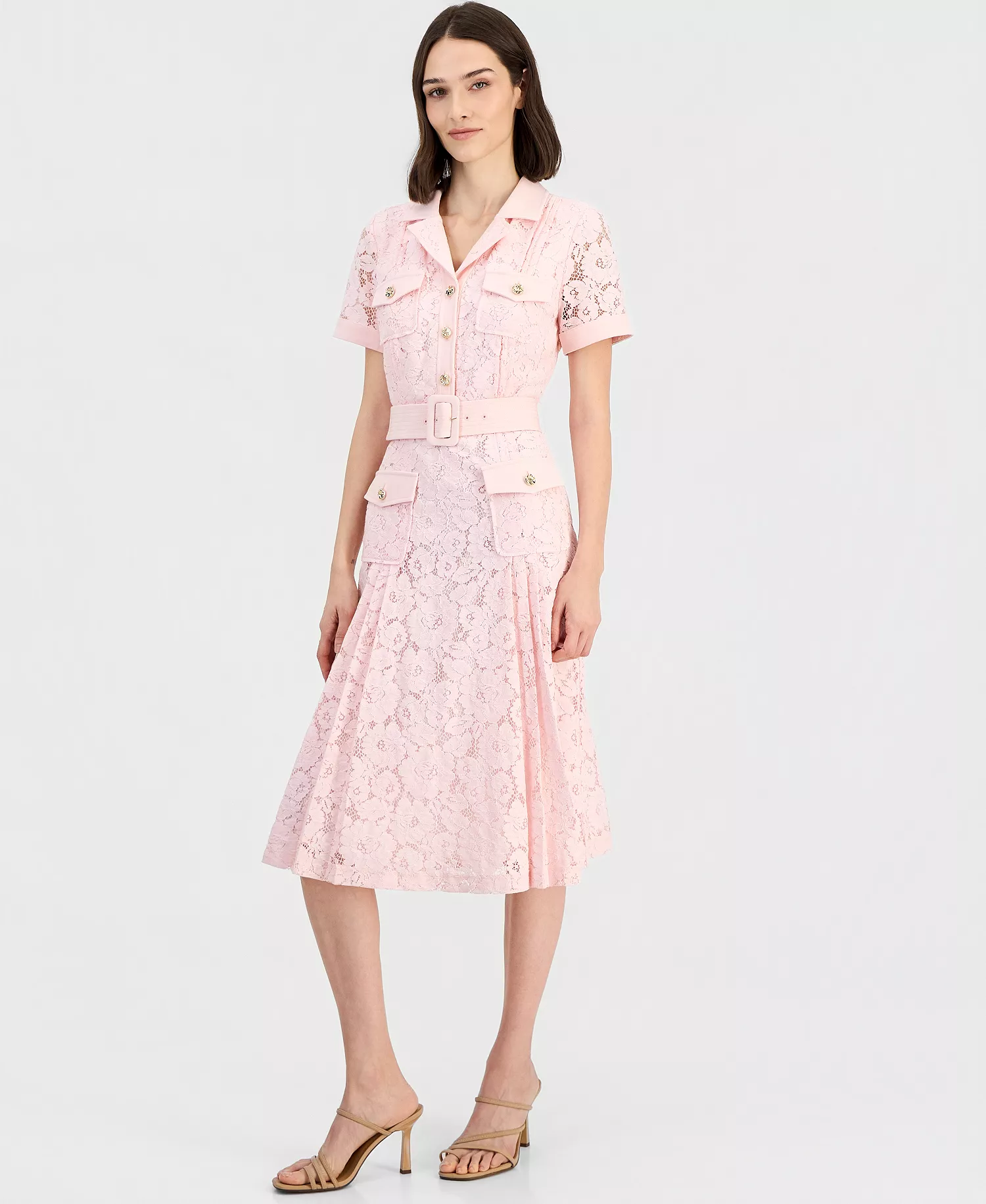 Women's Belted Short-Sleeve Lace Midi Shirt Dress  - Tea Rose - 10