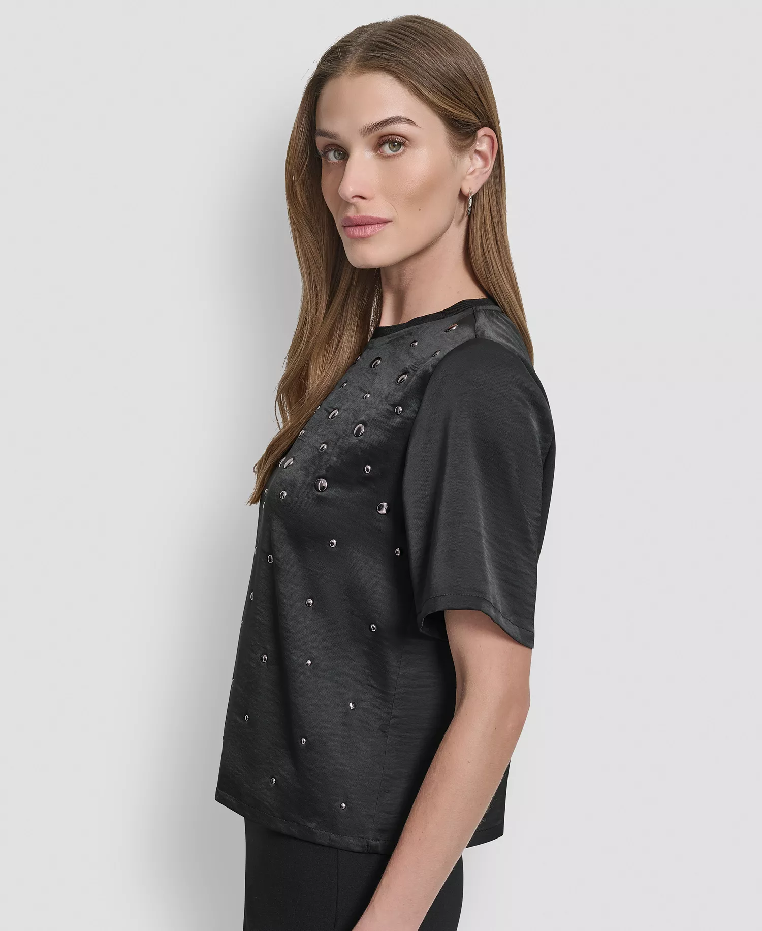 Women's Studded Boxy Short Sleeve Top - Black - S