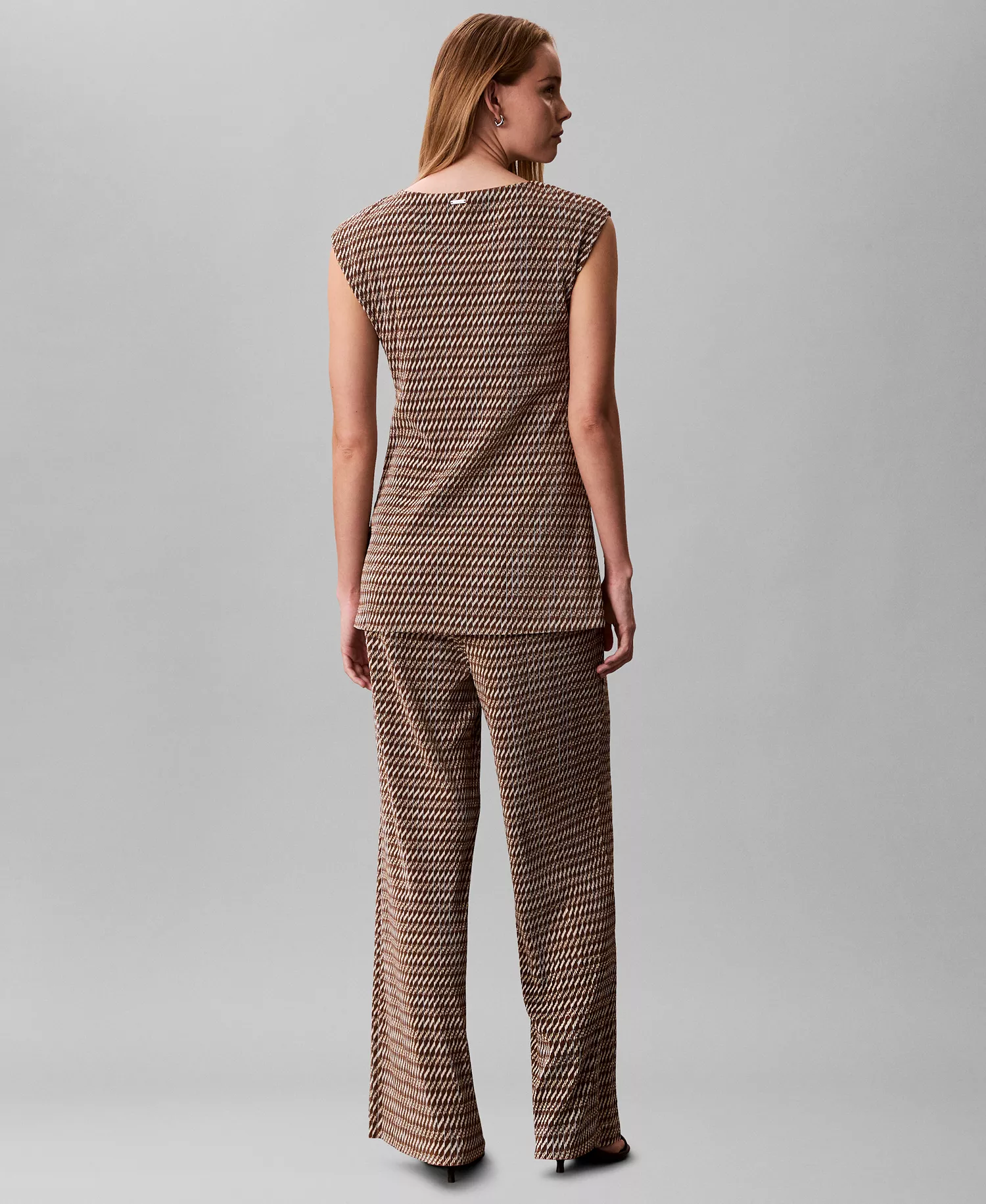 Women's Plisse Print Wide-Leg Pants - Executive Brown Ladder Print - L