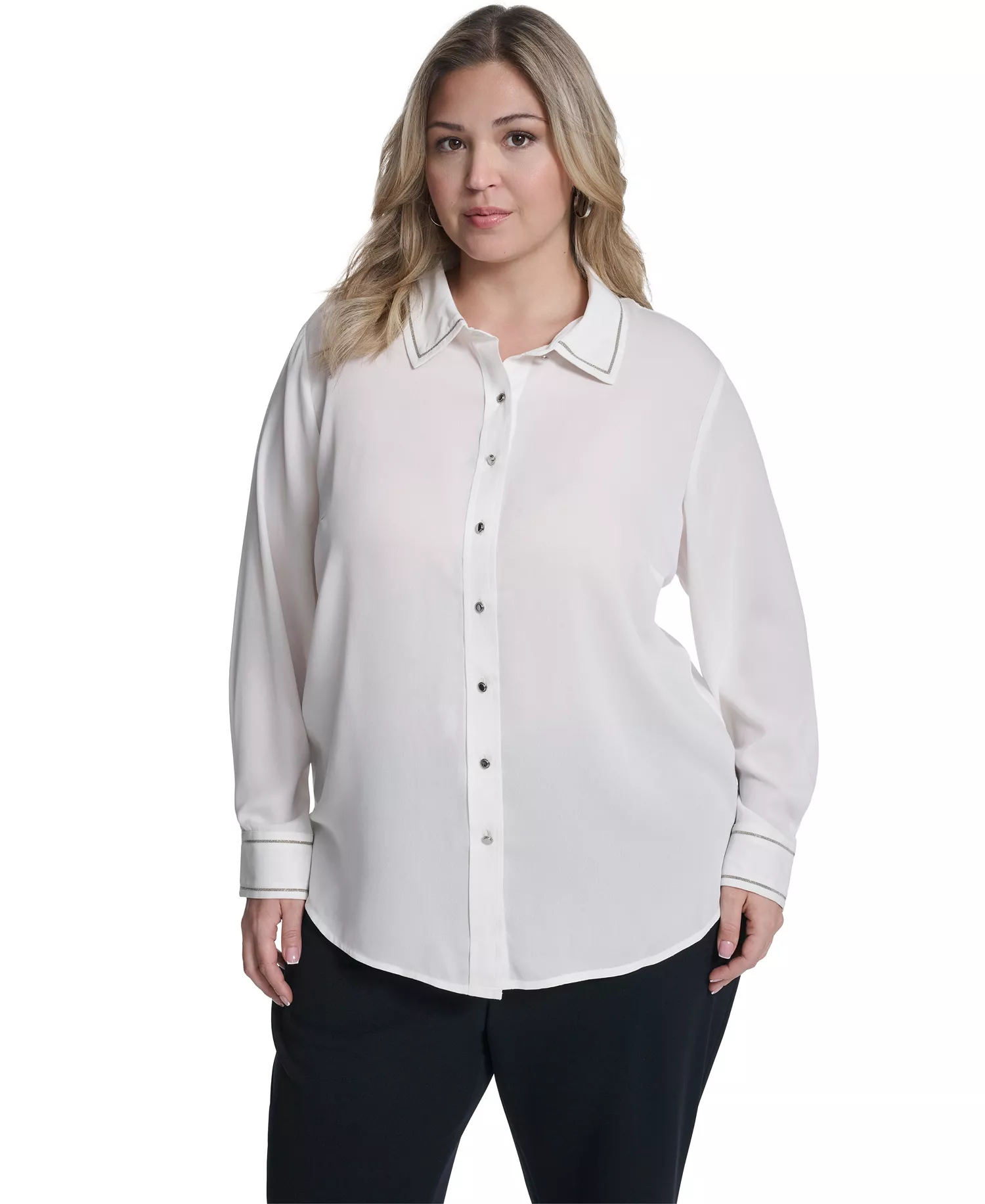 Plus Size Long-Sleeve Button-Down Top - Cream - 1X