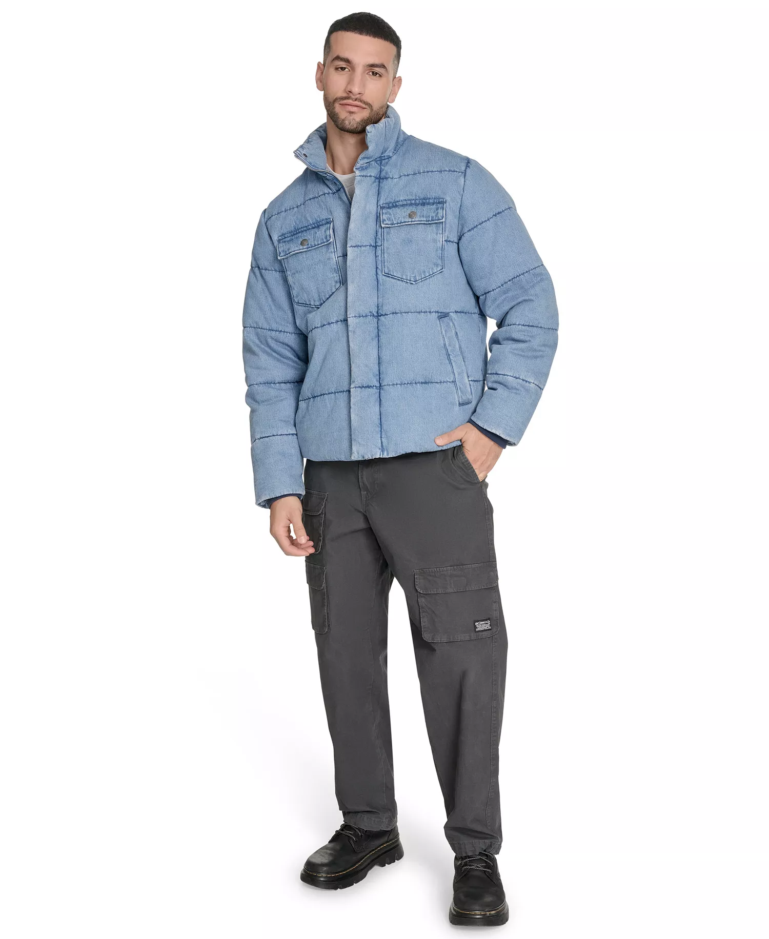 Men's Denim Quilted Puffer Jacket - Light Wash Denim - 2XL