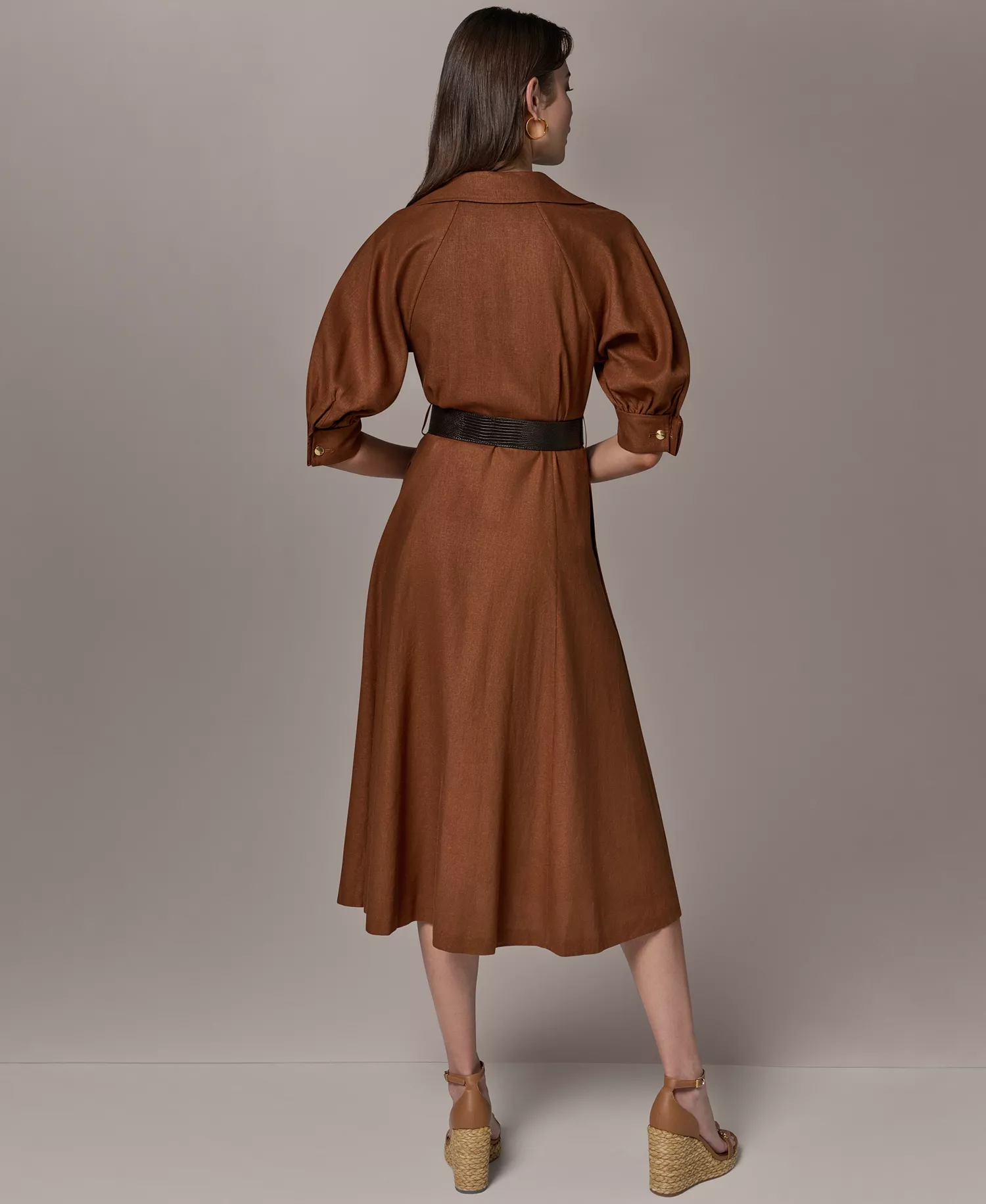 Women's Collared Neck Shirt Dress - Cognac - 10
