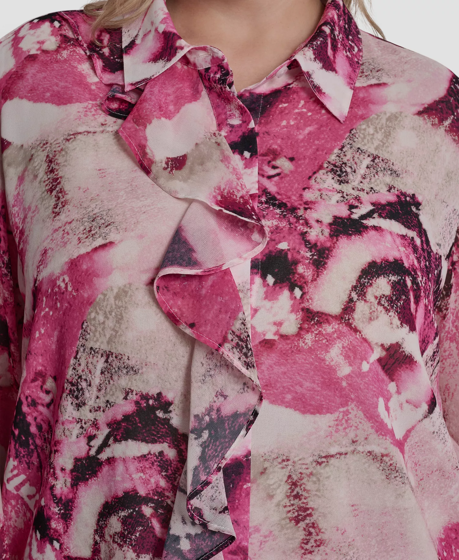 Plus Size Printed Button-Front Top - Hot Pink/Pebble Multi - 1X