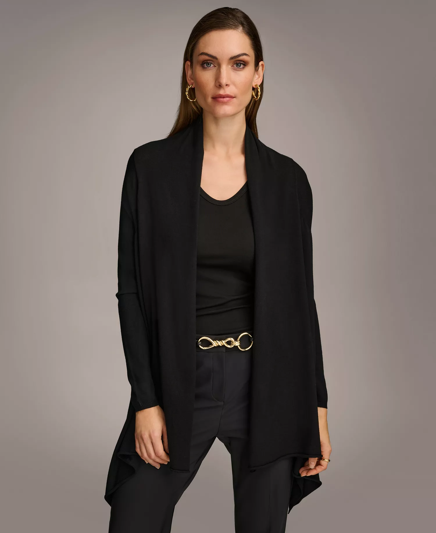 Women's Long-Sleeve Drape-Front Cardigan - Black - L