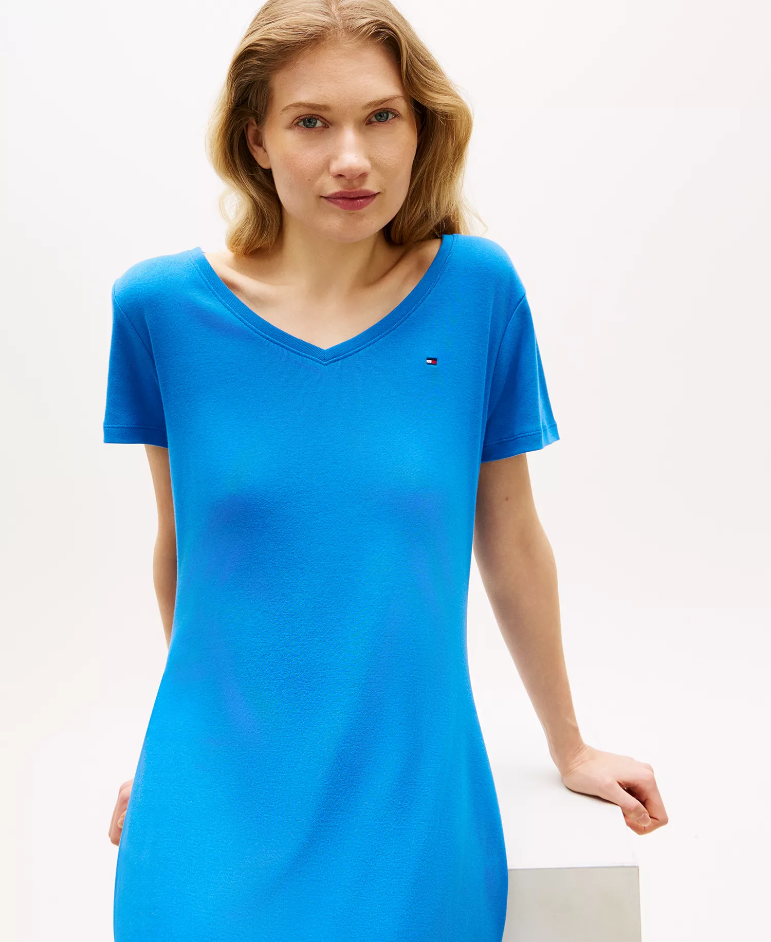 Women's Ribbed V-Neck Dress - Blue Orbit - L