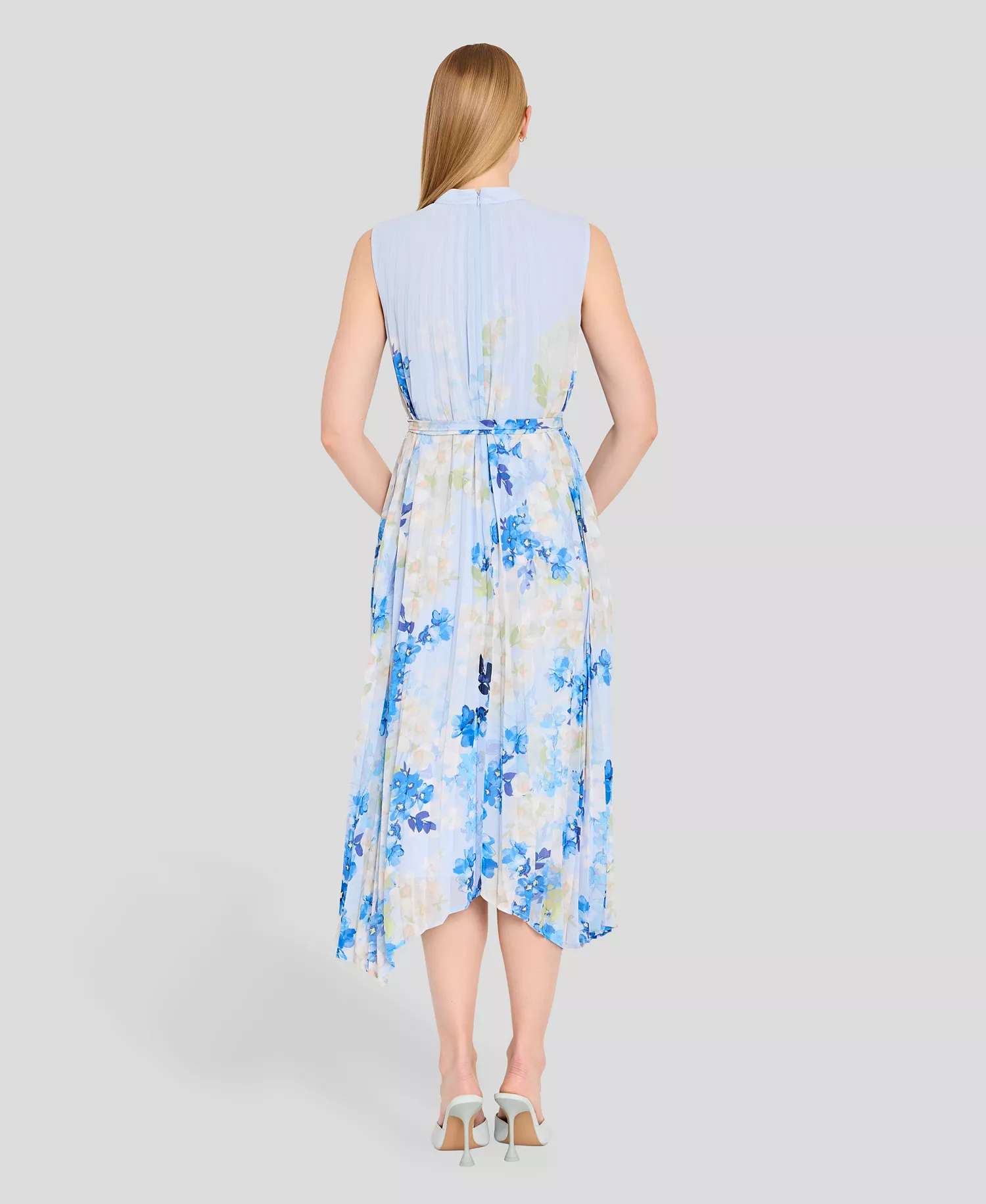 Women's Sleeveless Mock Neck Midi Dress - Ivory Blue Floral - 10
