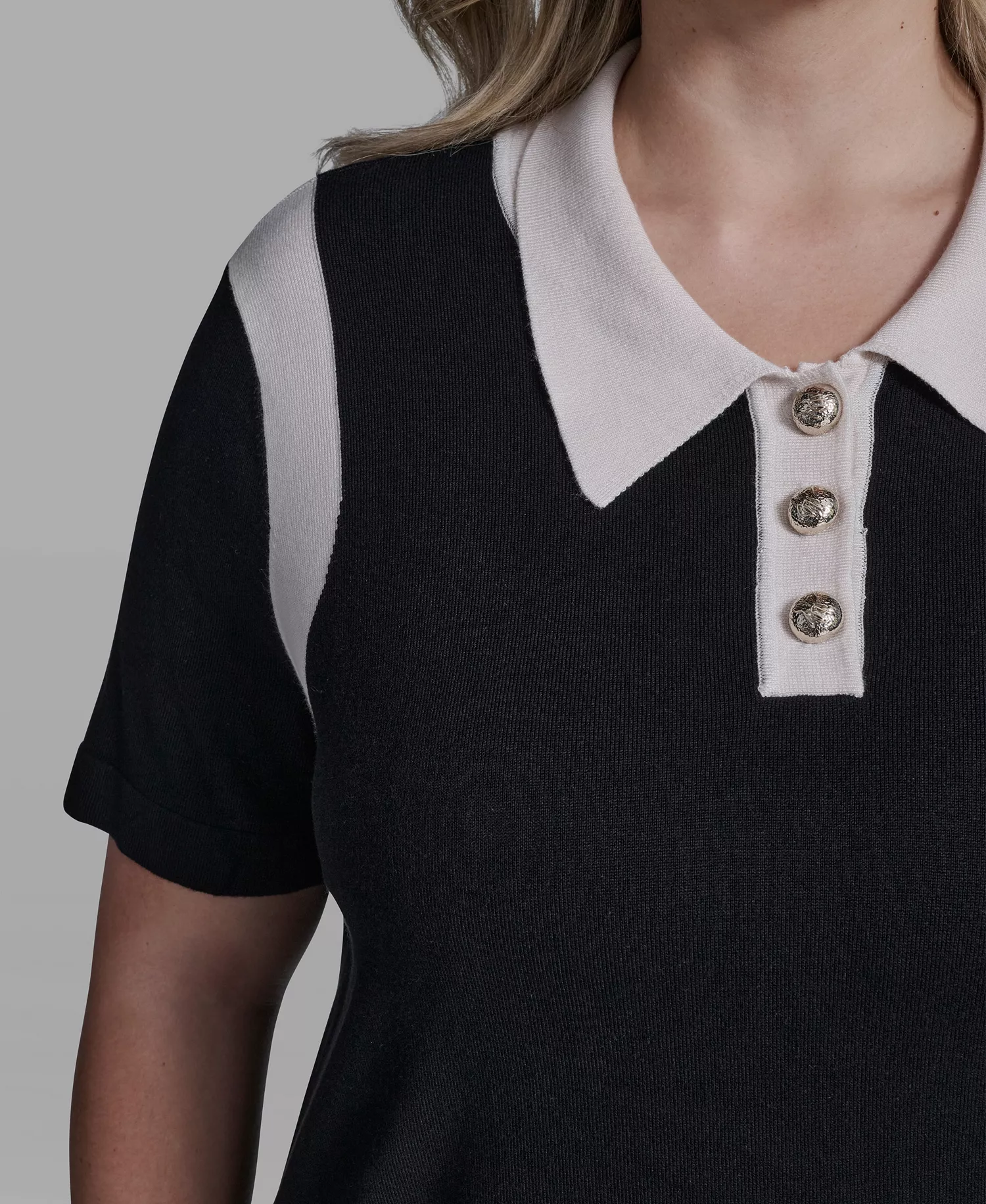 Plus Size Solid Short-Sleeve Polo Sweater - Black/Bisque - 0X