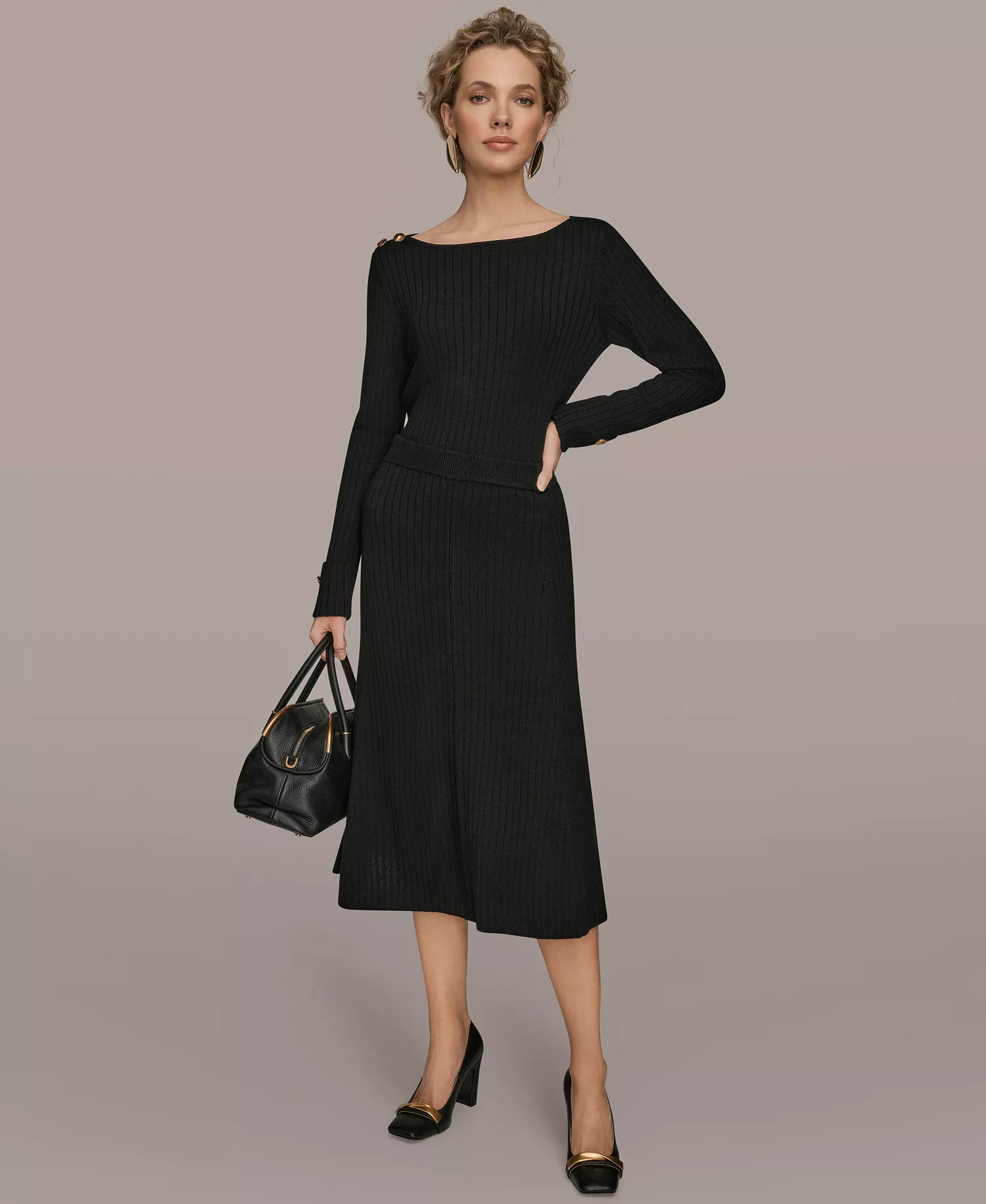 Women's Rib Knit Sweater Skirt - Black - L