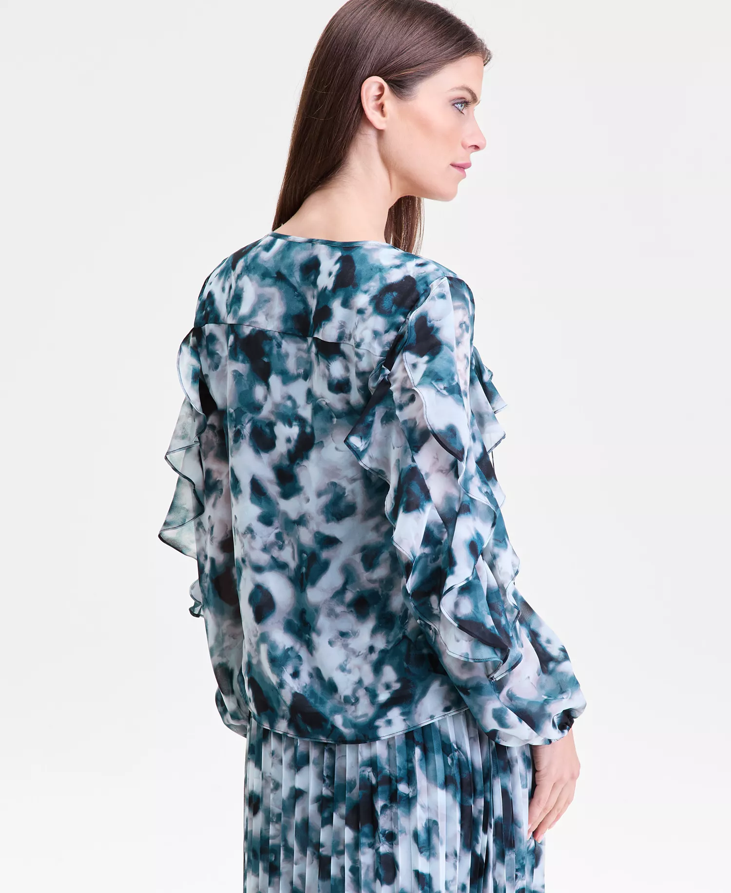 Women's Long-Sleeve Printed Ruffle-Trim Blouse, Macy's Exclusive - Misha Abstract Black - L