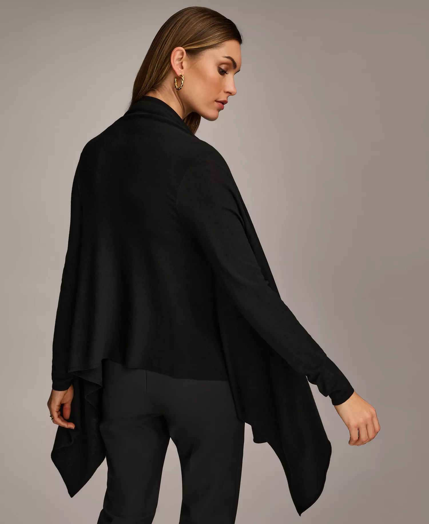 Women's Long-Sleeve Drape-Front Cardigan - Black - L