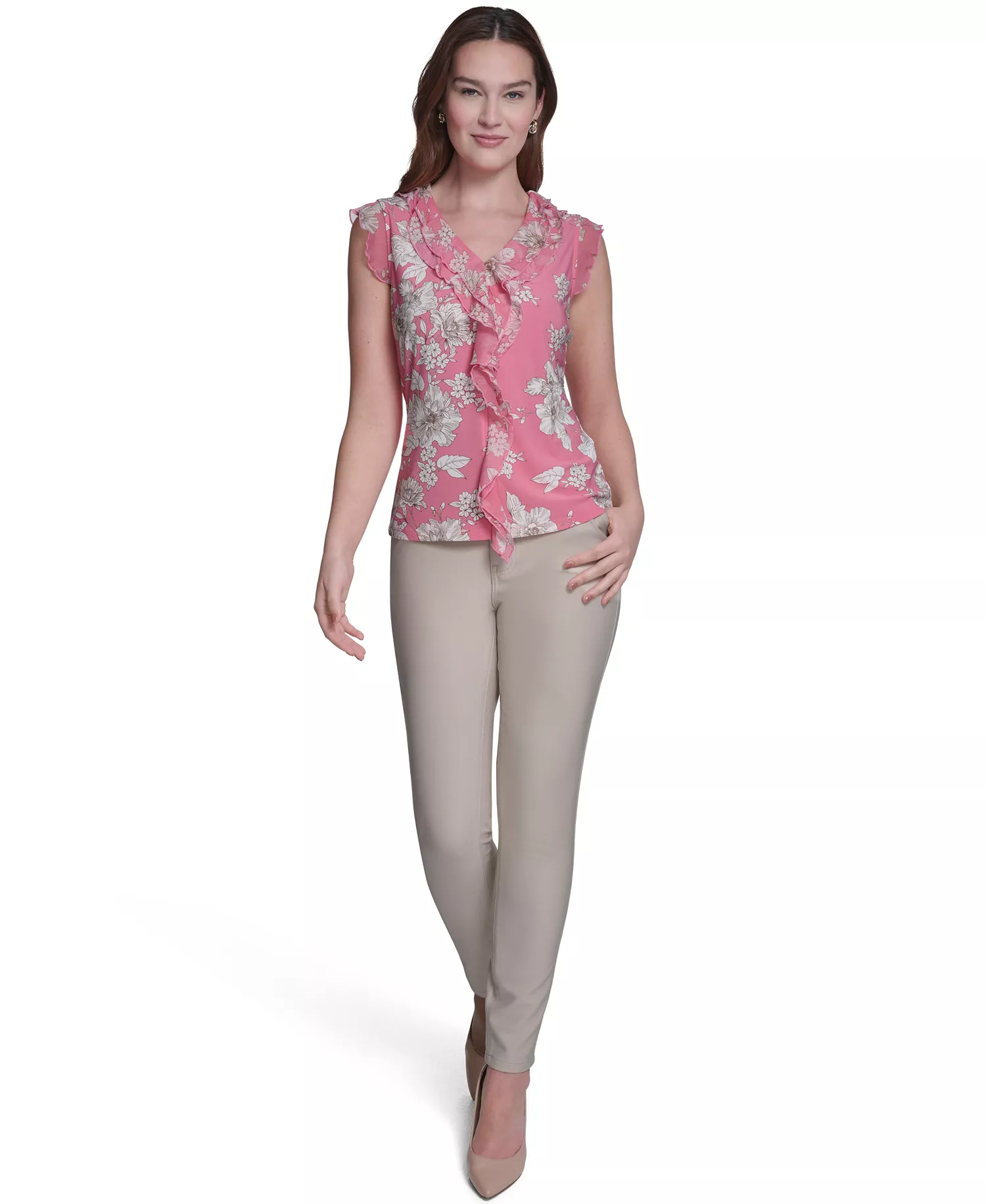 Women's Floral Mixed Media V-Neck Top - Pink Tulip Multi - L