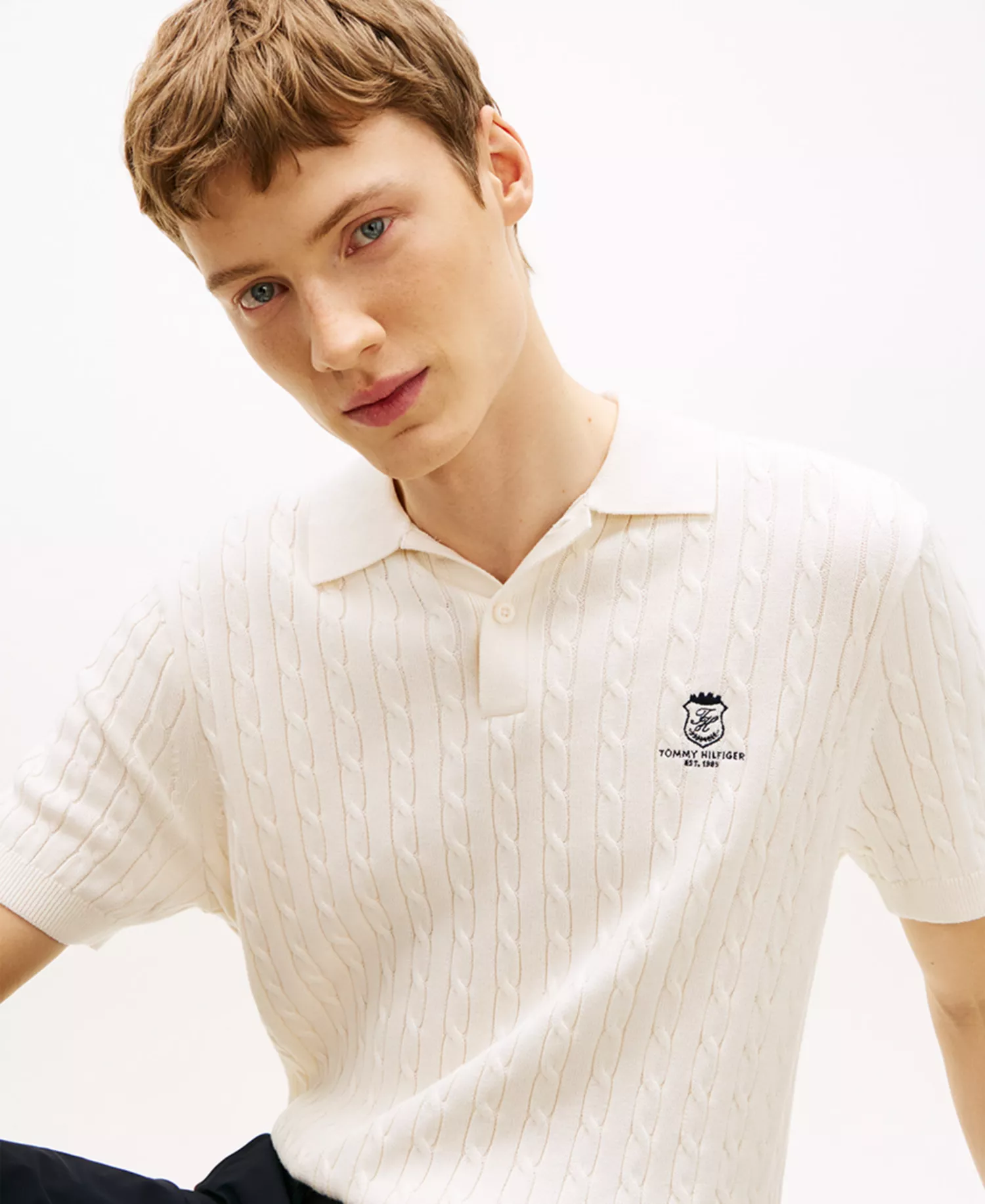 Men's Cable Knit Short-Sleeve Polo Shirt - Ivory Petal - L