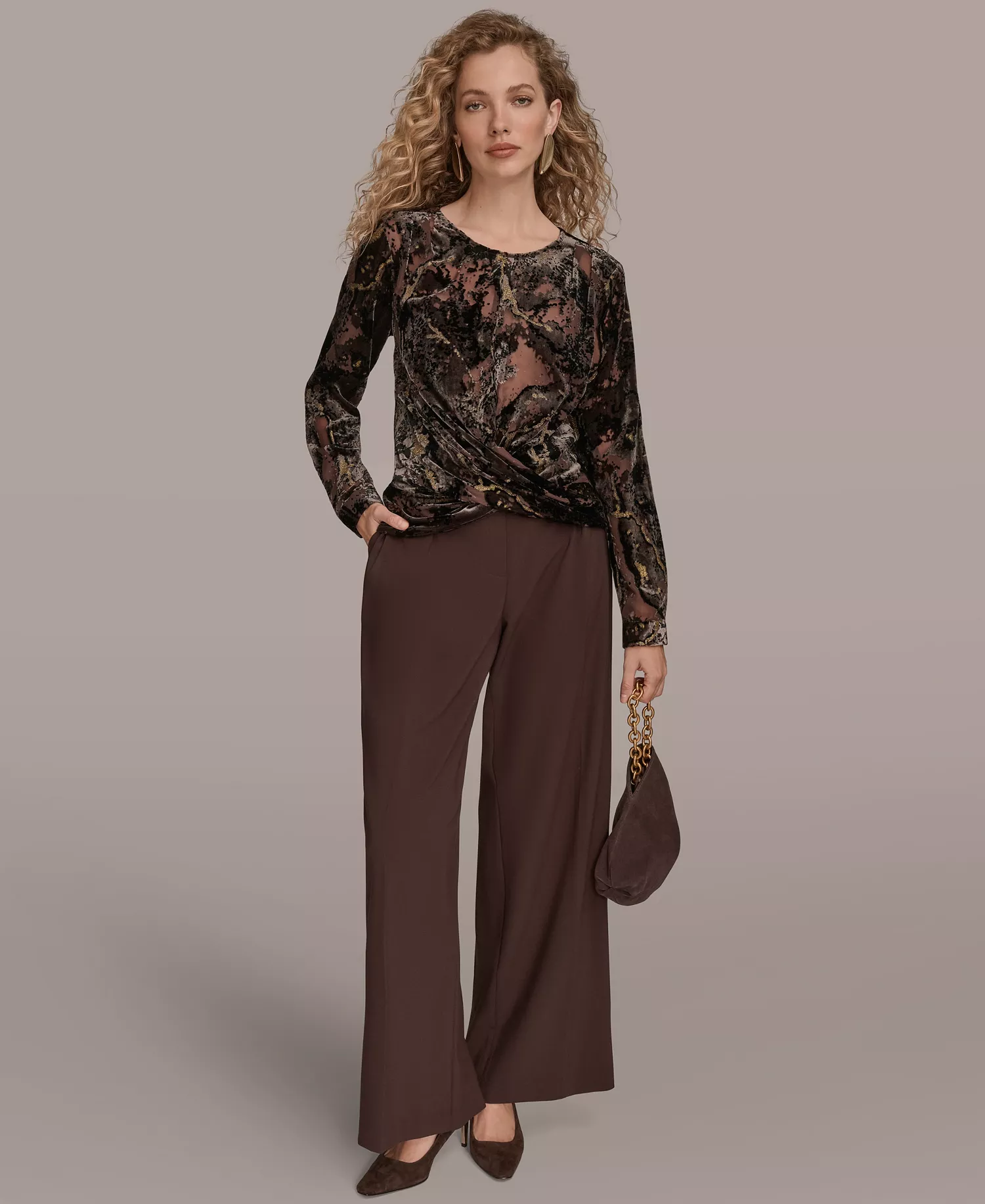 Women's Printed Long Sleeve Top - Chocolate Plum/black/gold - S