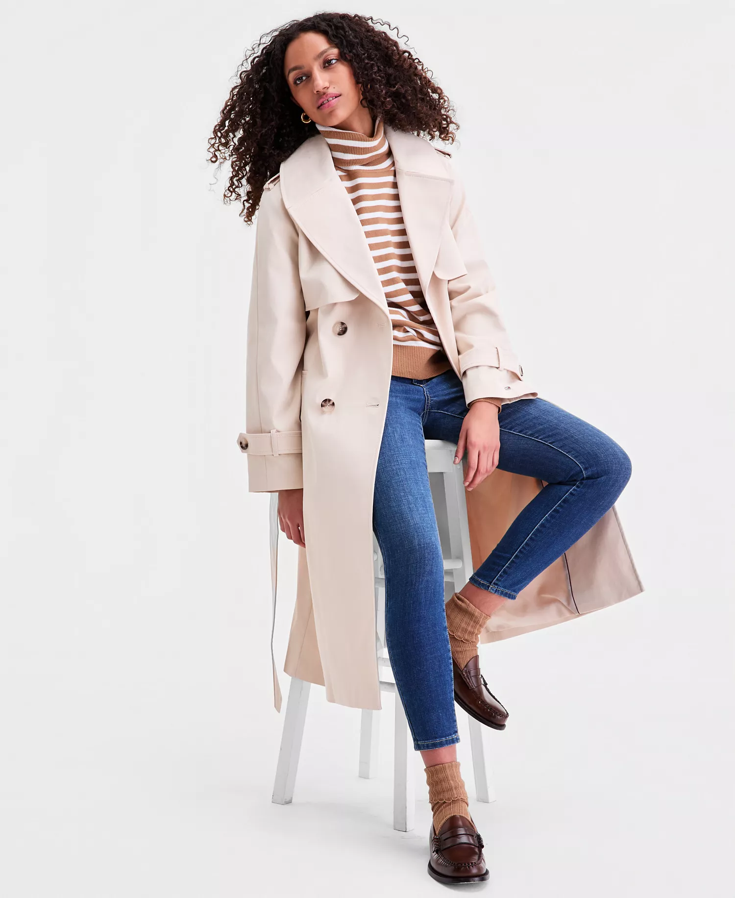 Petite Double-Breasted Belted Trench Coat - CALICO - P/L
