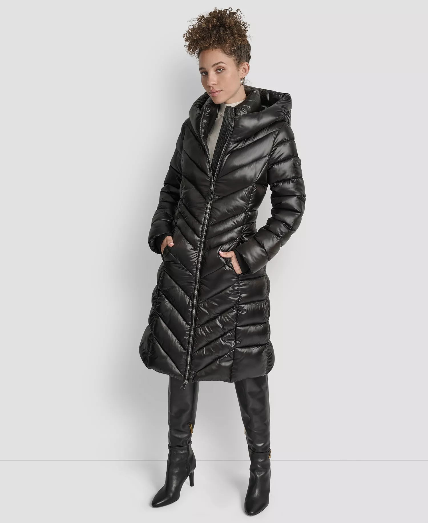 Women's Full-Zip Front Quilted Puffer Coat - Black - L
