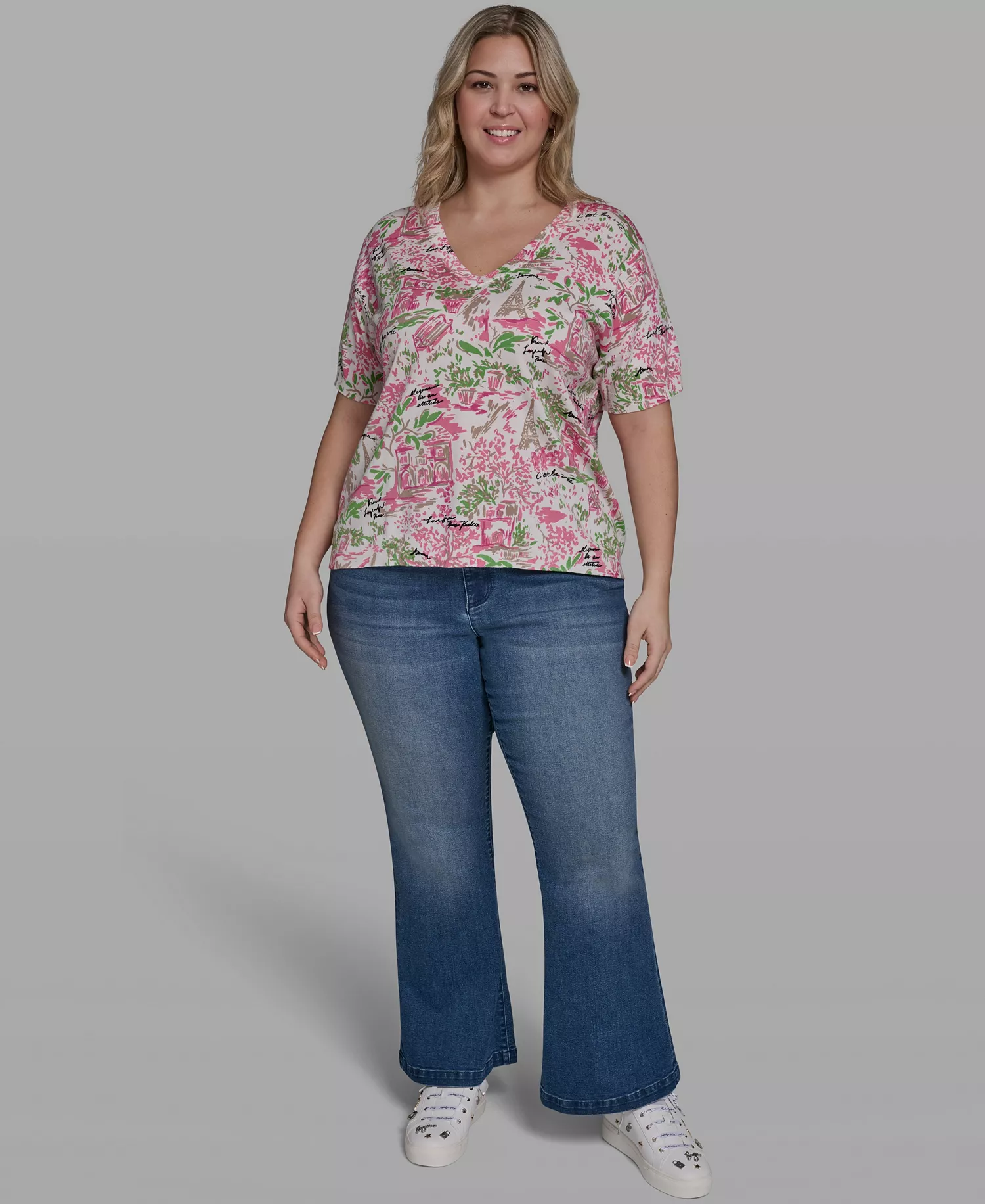 Plus Size Floral Printed V-Neck Top - Soft Whtie/Pink Multi - 0X
