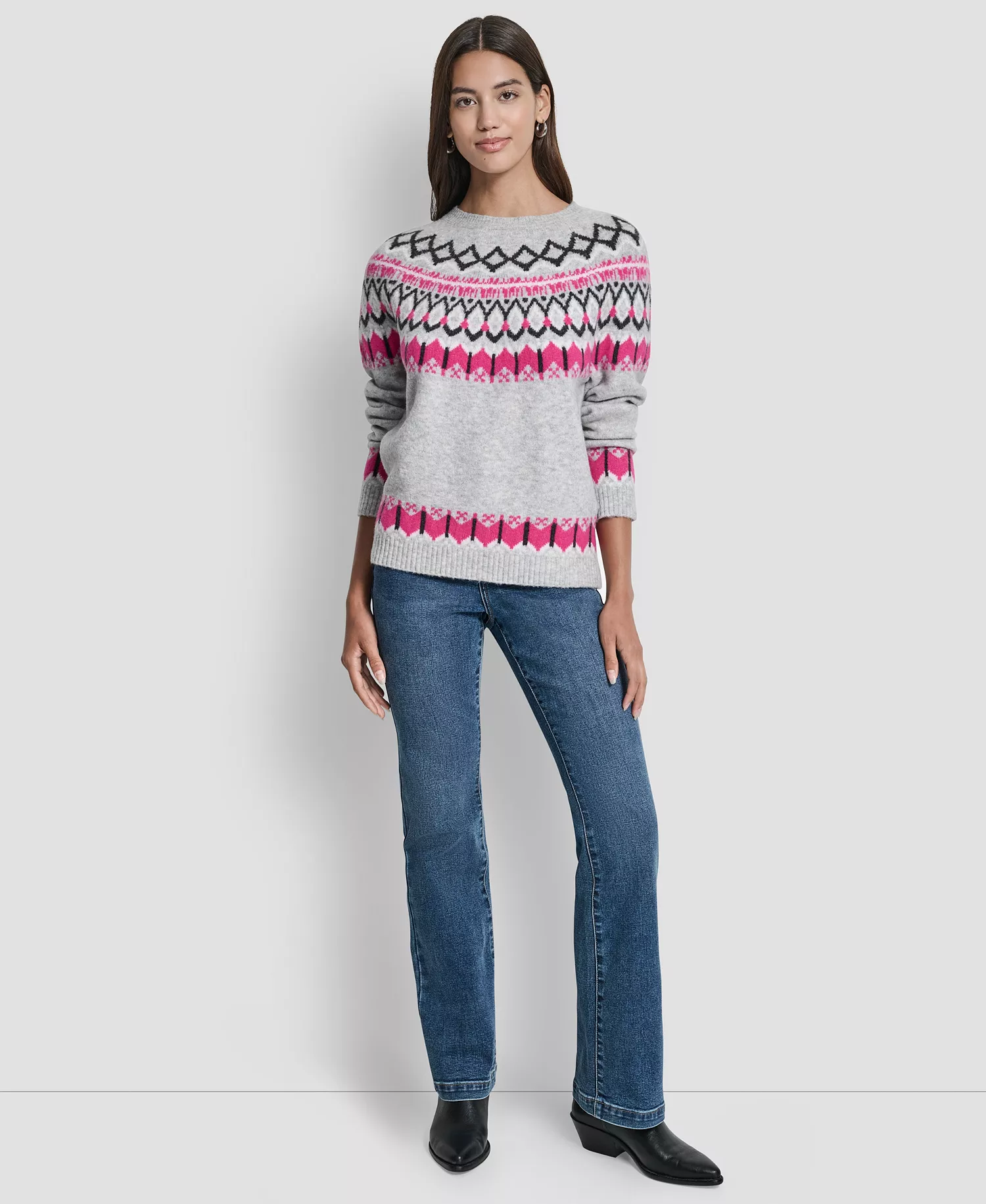 Women's Fair Isle Crewneck Raglan Sweater  - Festve Pink Combo - L