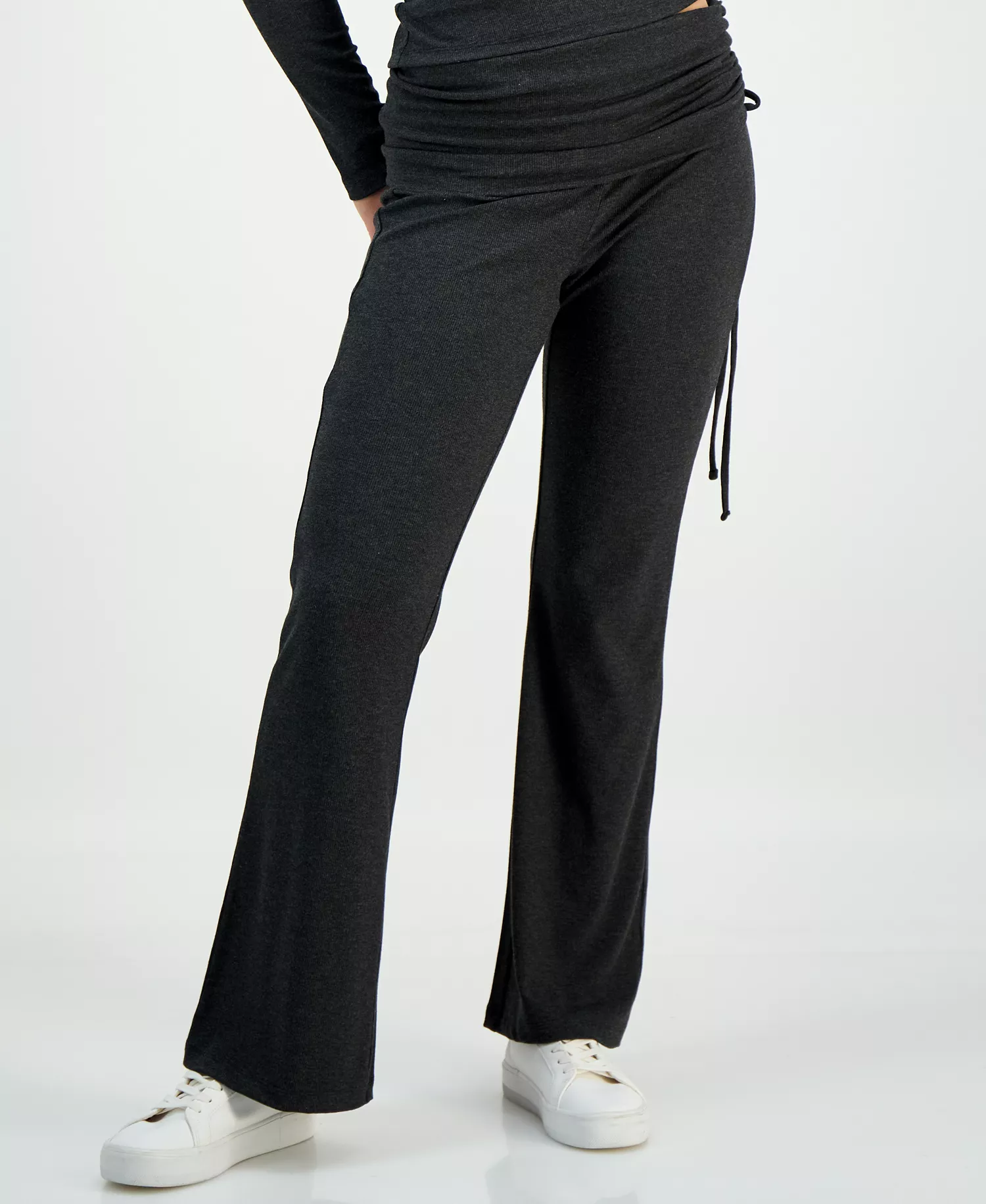 Petite Foldover-Waist Drawstring Wide-Leg Pants, Macy's Exclusive - Charcoal Heather - P/L