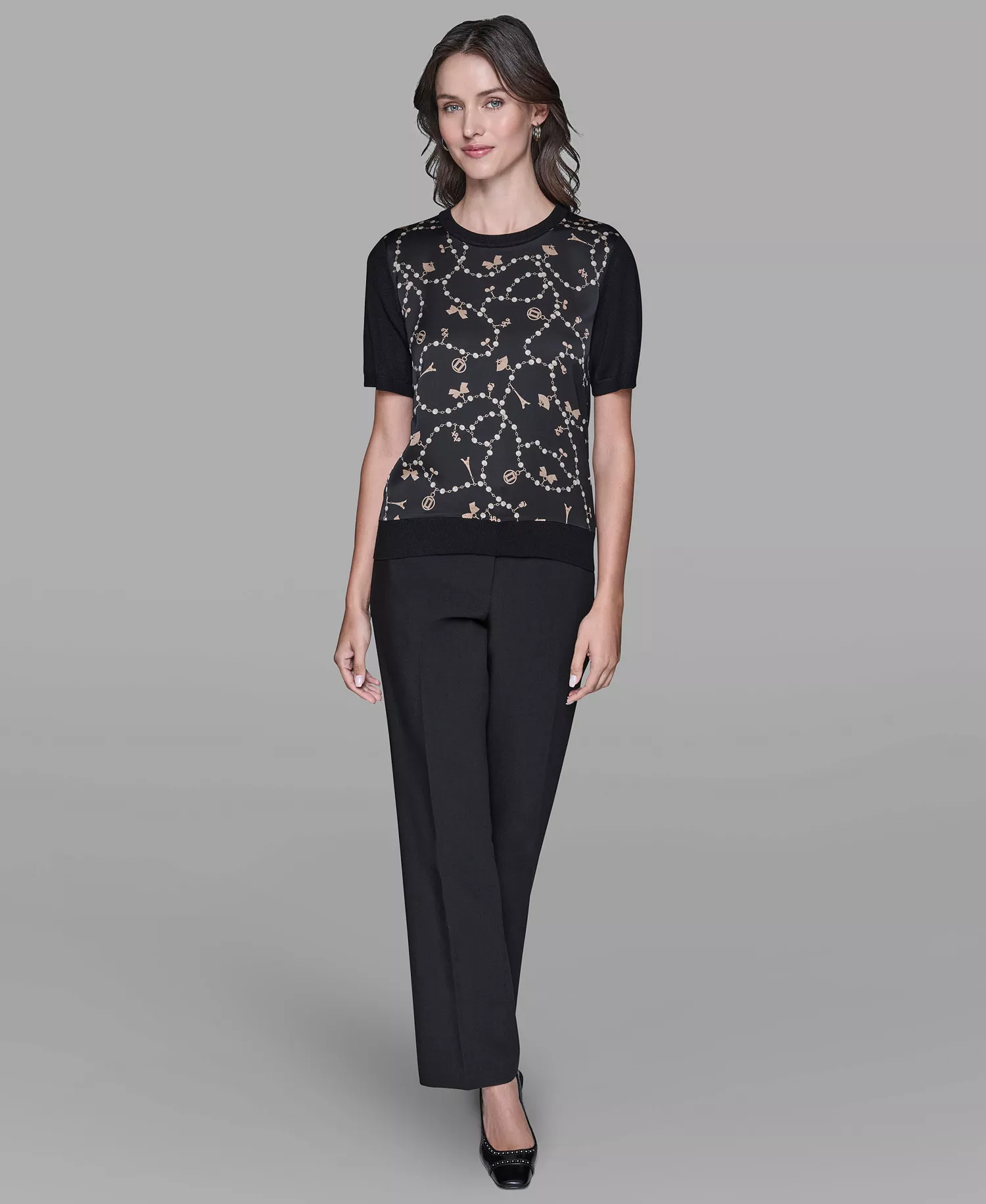 Women's Short-Sleeve Printed Sweater - Black Multi - L