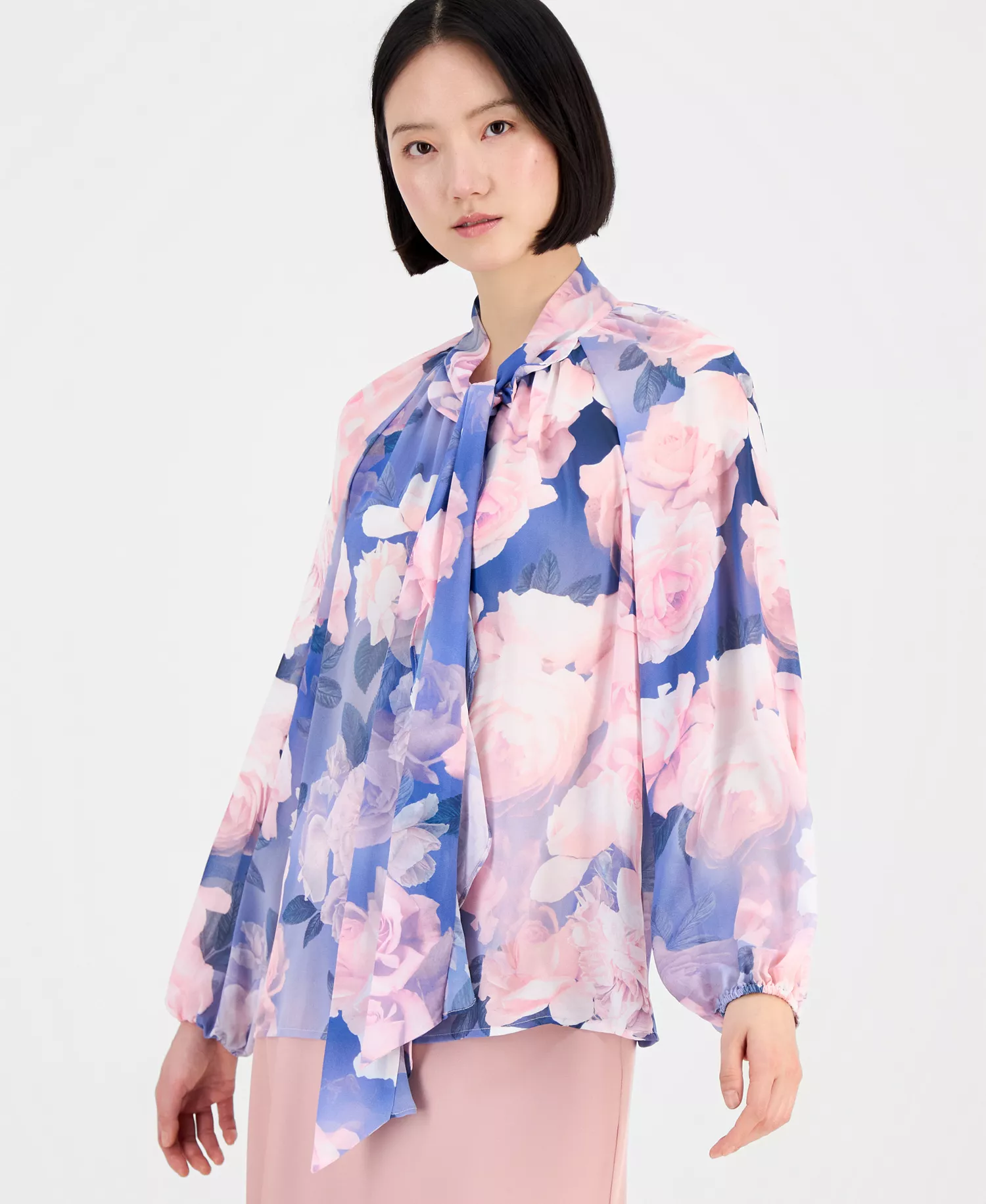 Petite Printed Ruffle Tie Blouse - Blue Petal - P/L