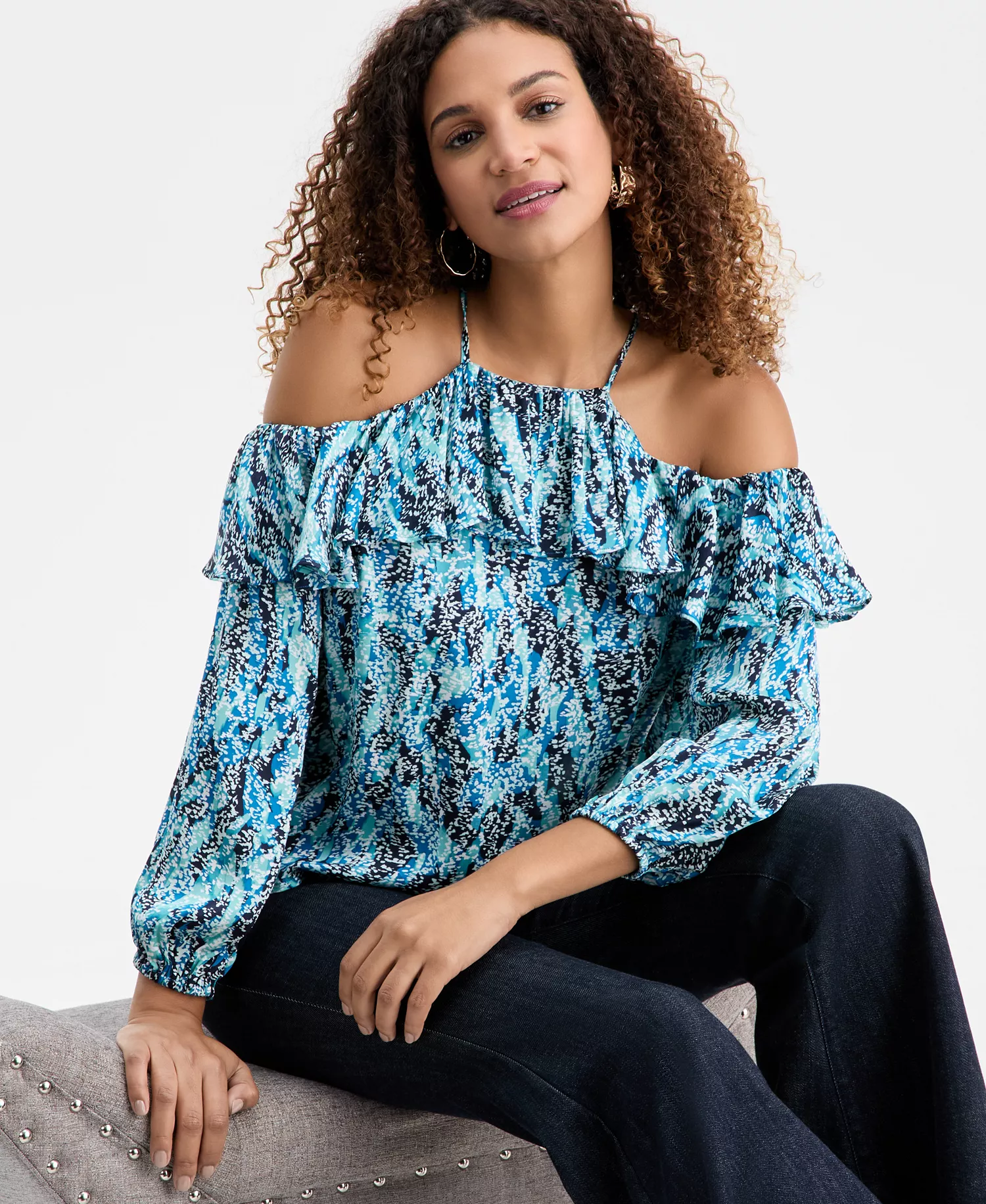 Women's Printed Cold-Shoulder Top, Macy's Exclusive - Claire Teal Print - L