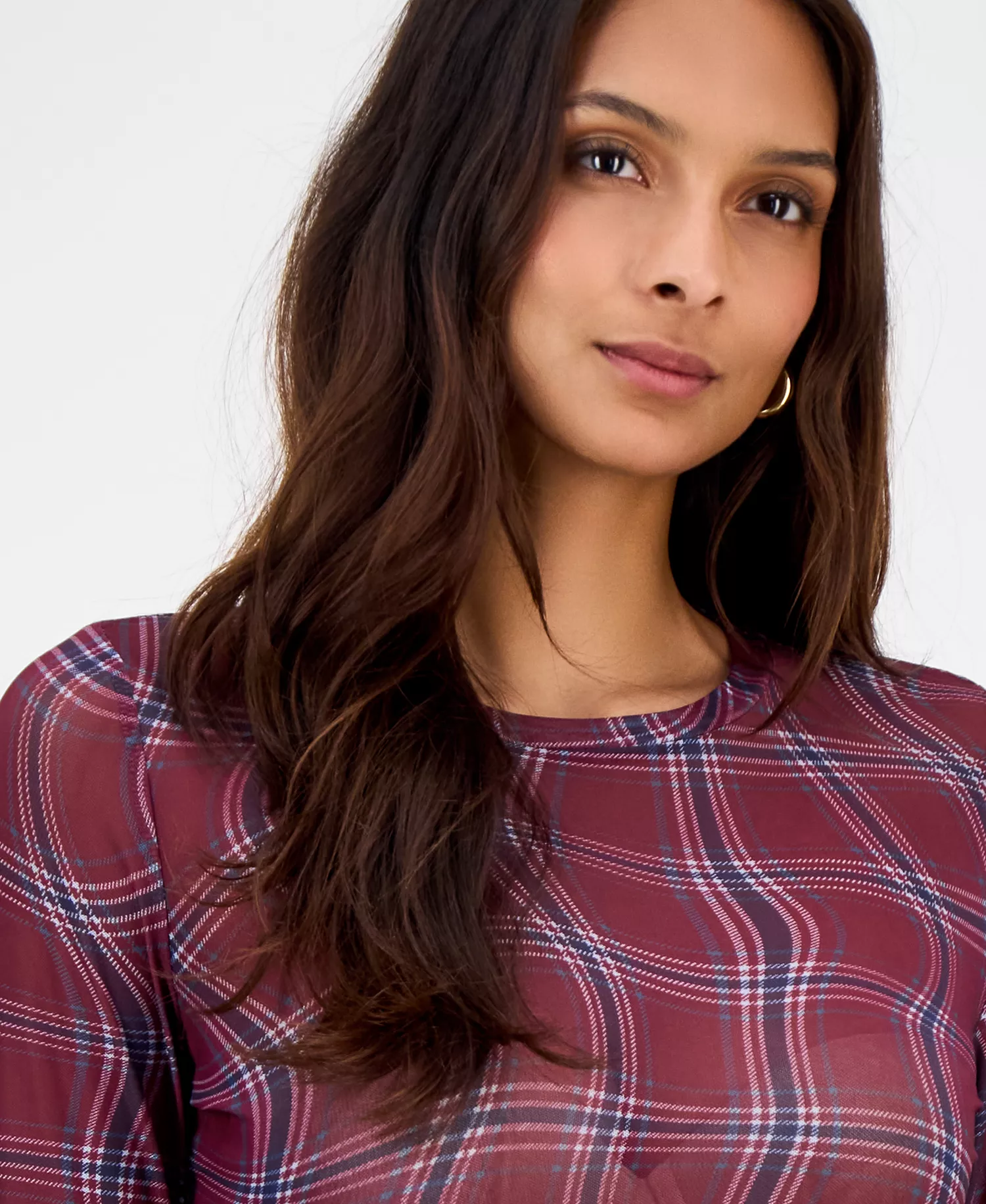 Women's Plaid Mesh Long-Sleeve Top, Macy's Exclusive - Dried Berry - XXS