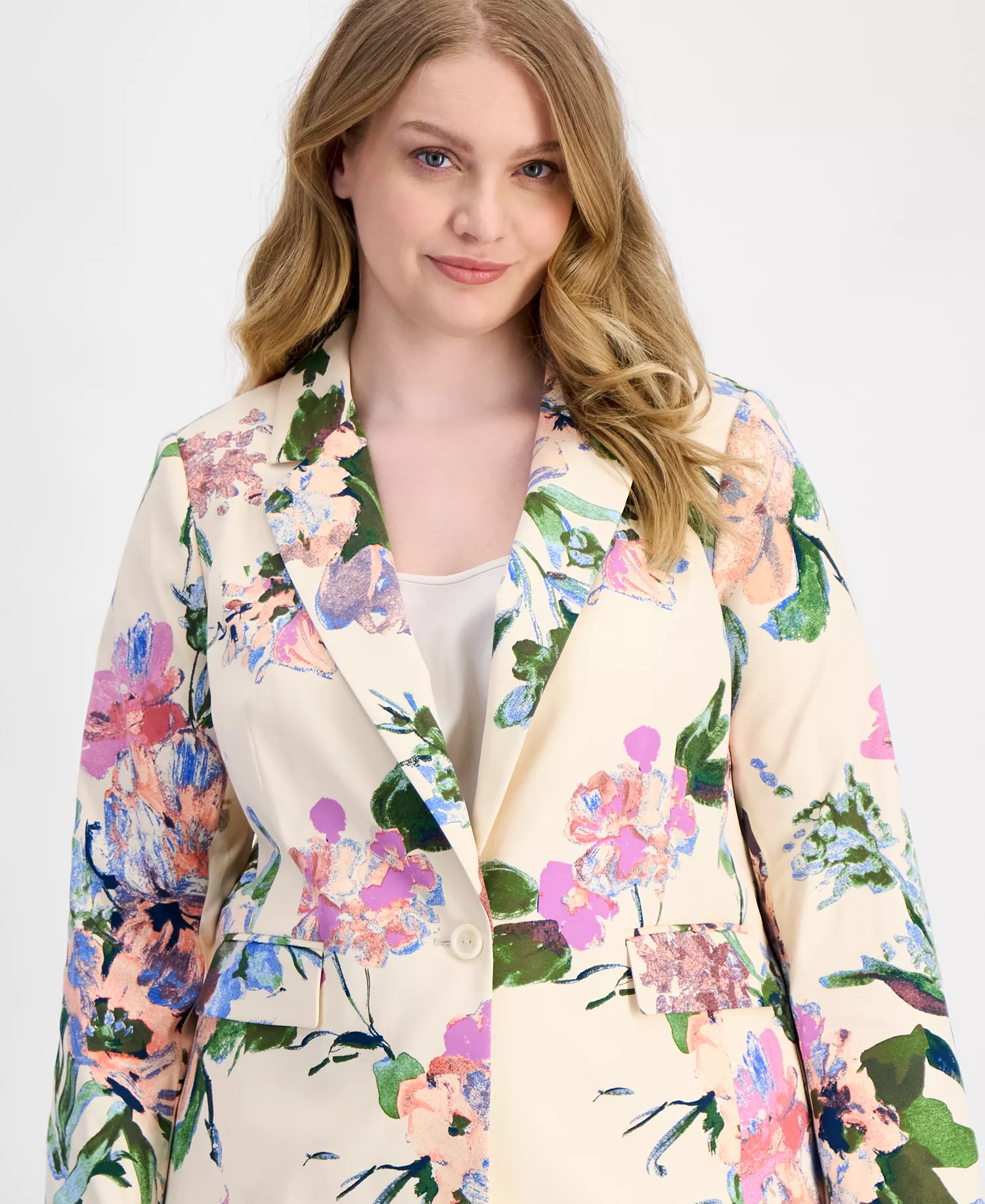 Plus Size Floral Print Single-Button Blazer  - Sand Peach - 14W