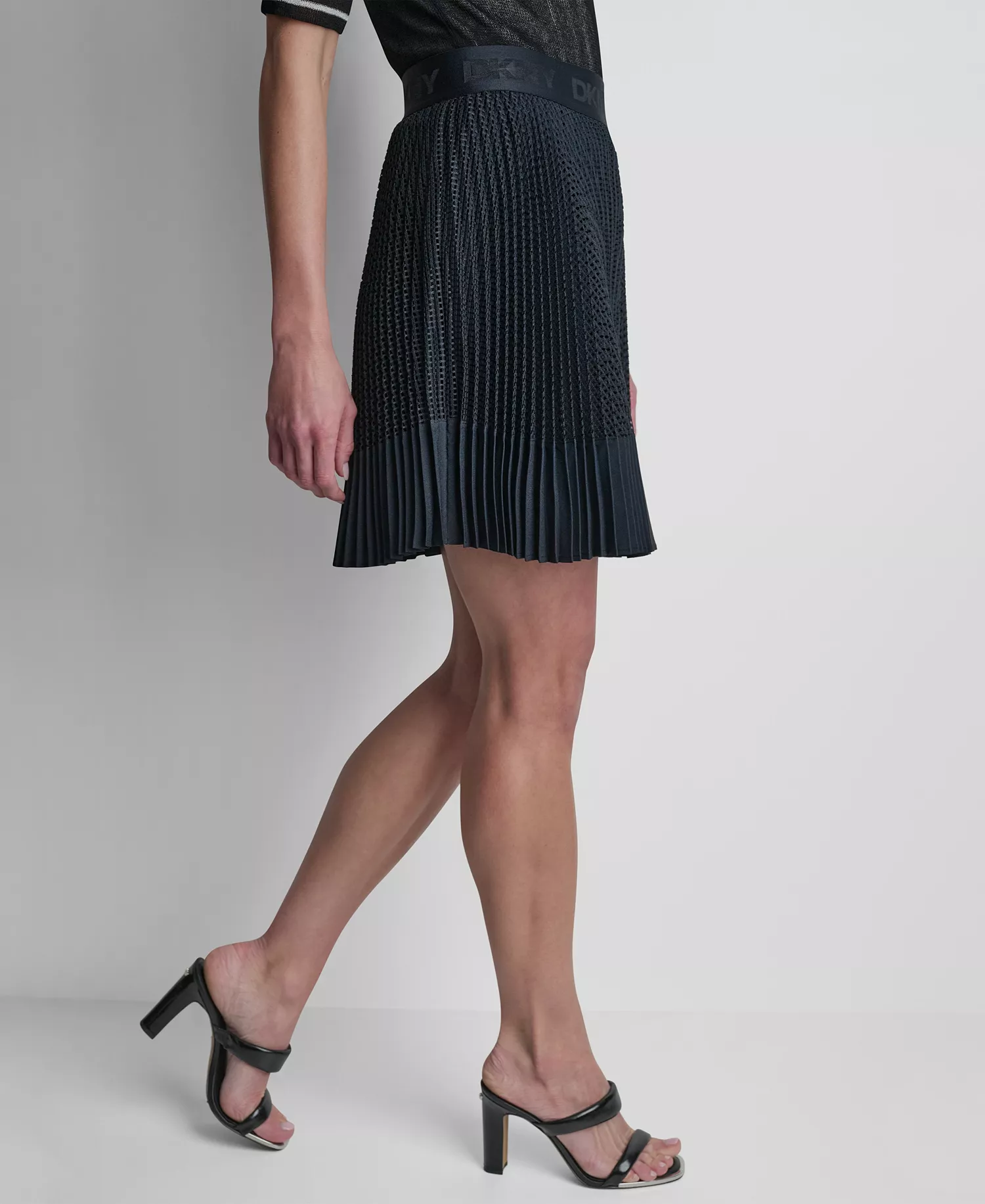 Women's Logo-Waist Mixed-Media Pleated-Hem Skirt - Navy - L