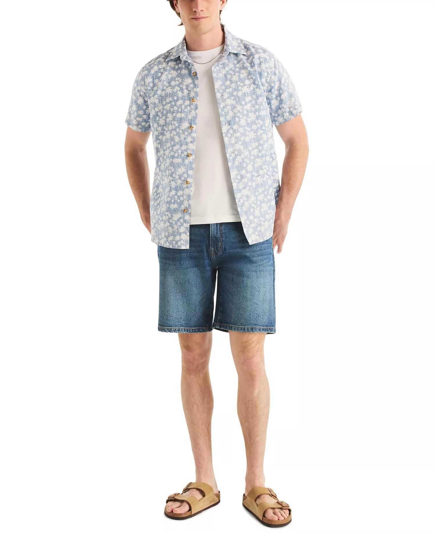 Men's Reverse Palm Tree Printed Linen Short-Sleeve Shirt - Coronet Blue - L