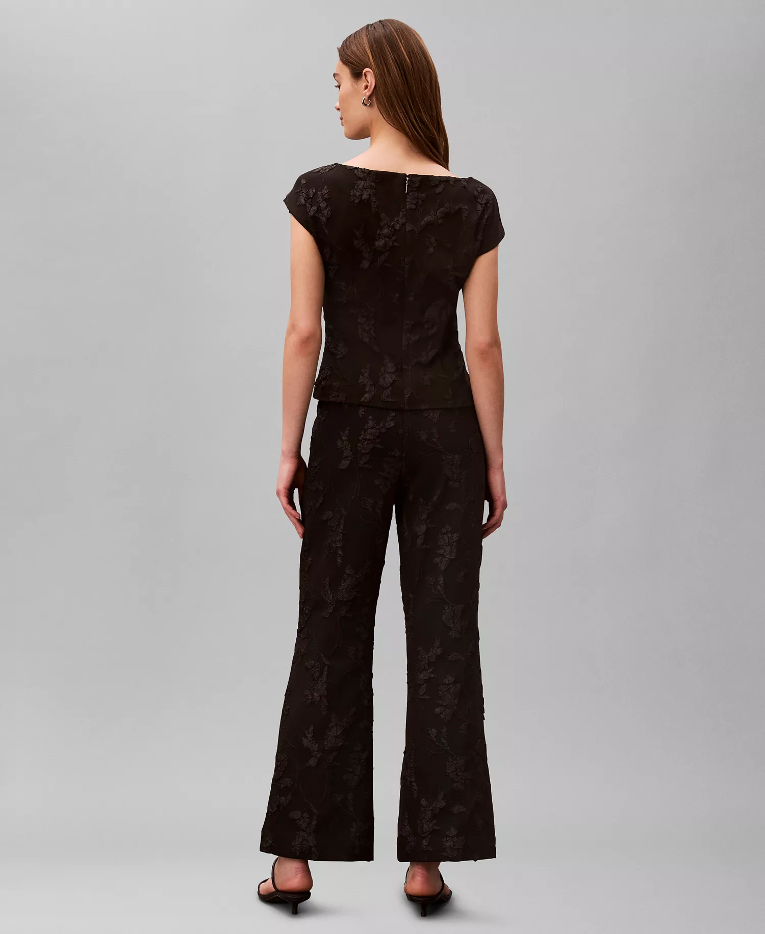 Women's Floral Straight Leg Pants - Black Floral Cutting Cloque Jacquard - 10