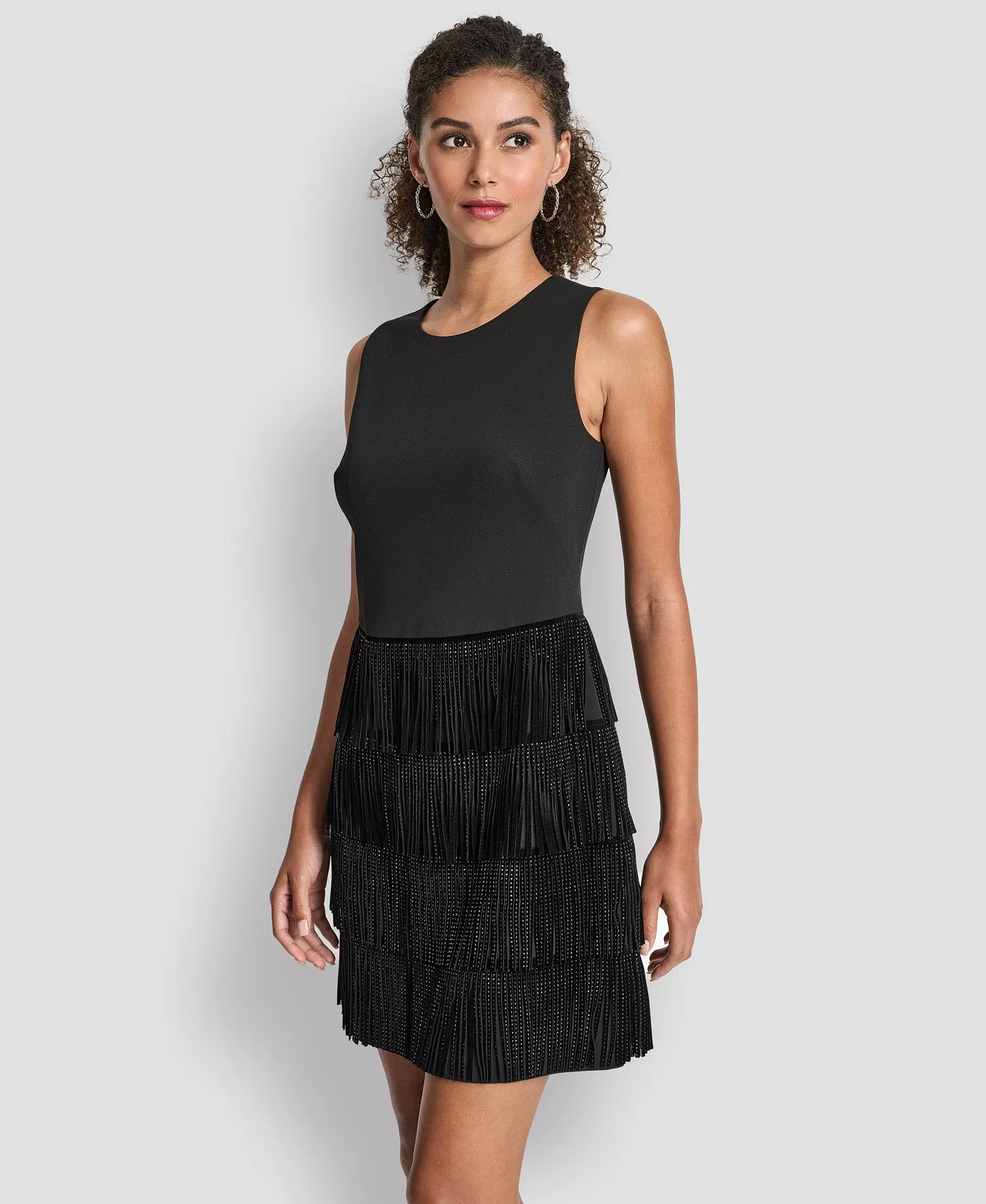 Women's Sleeveless Tiered Studded Fringe Shift Dress - Black - 10