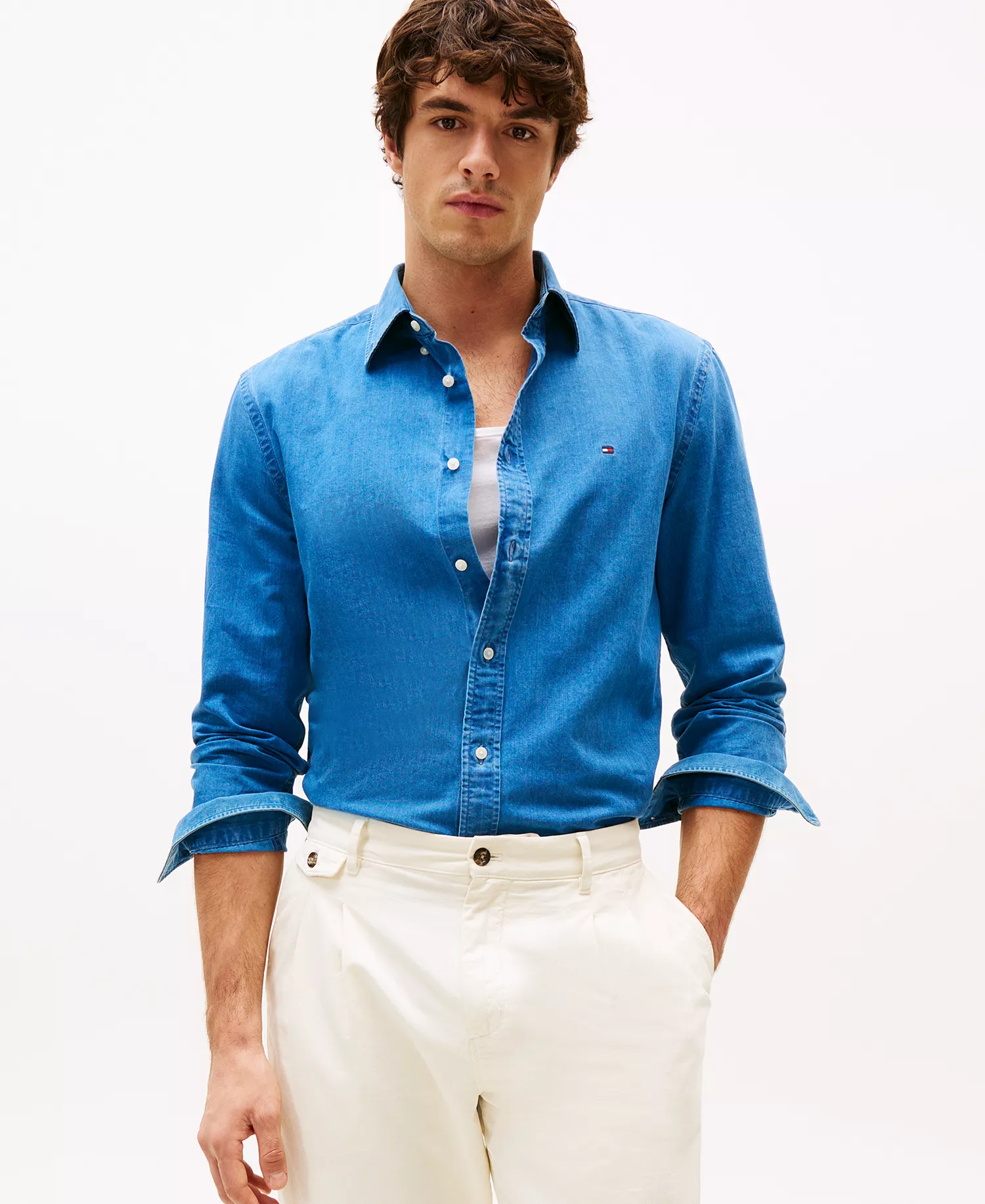 Men's Regular-Fit Cotton Chambray Shirt - Light Blue Chambray - L