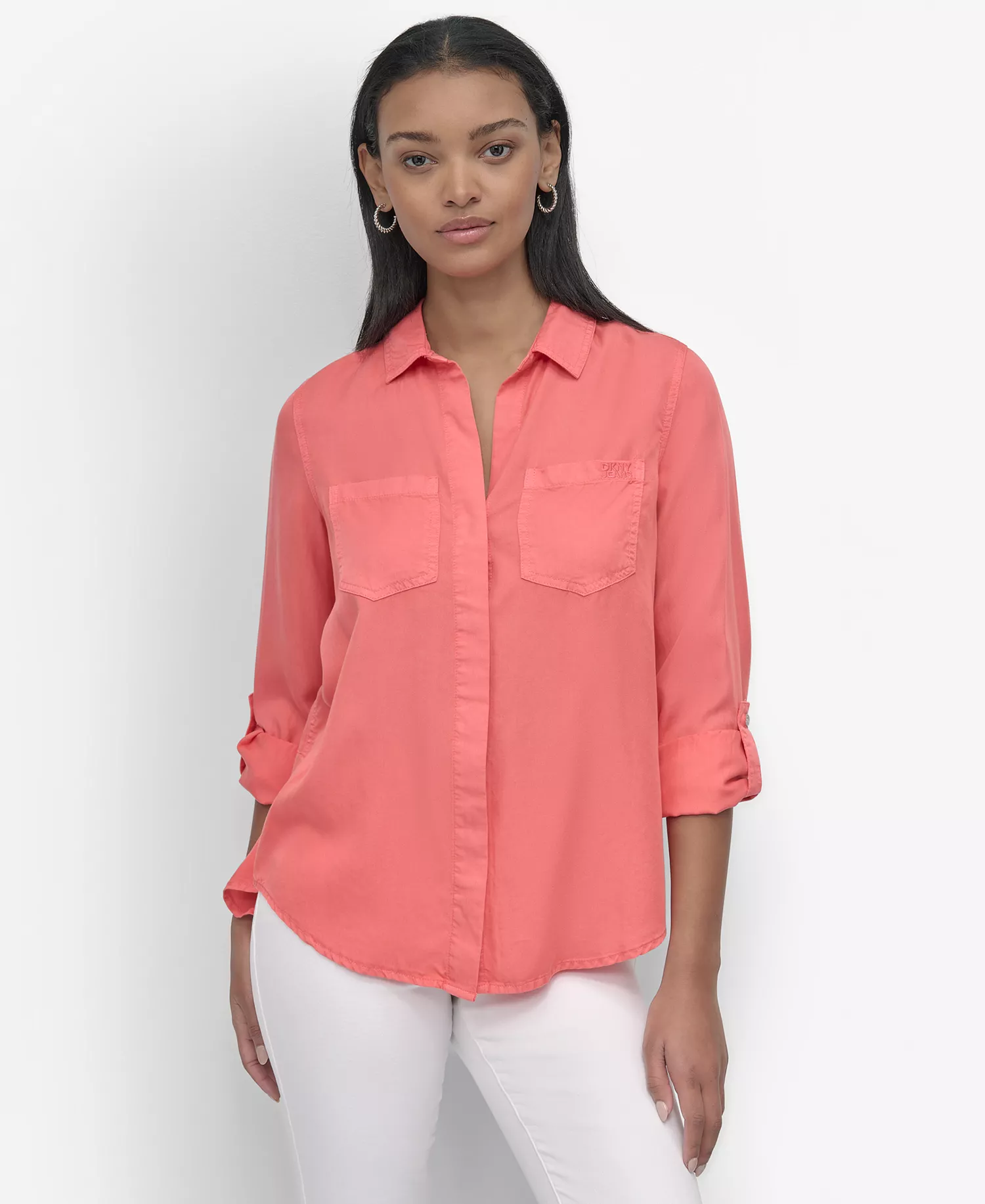 Women's Roll-Tab-Sleeve Button-Front Shirt - Coral Crush - L