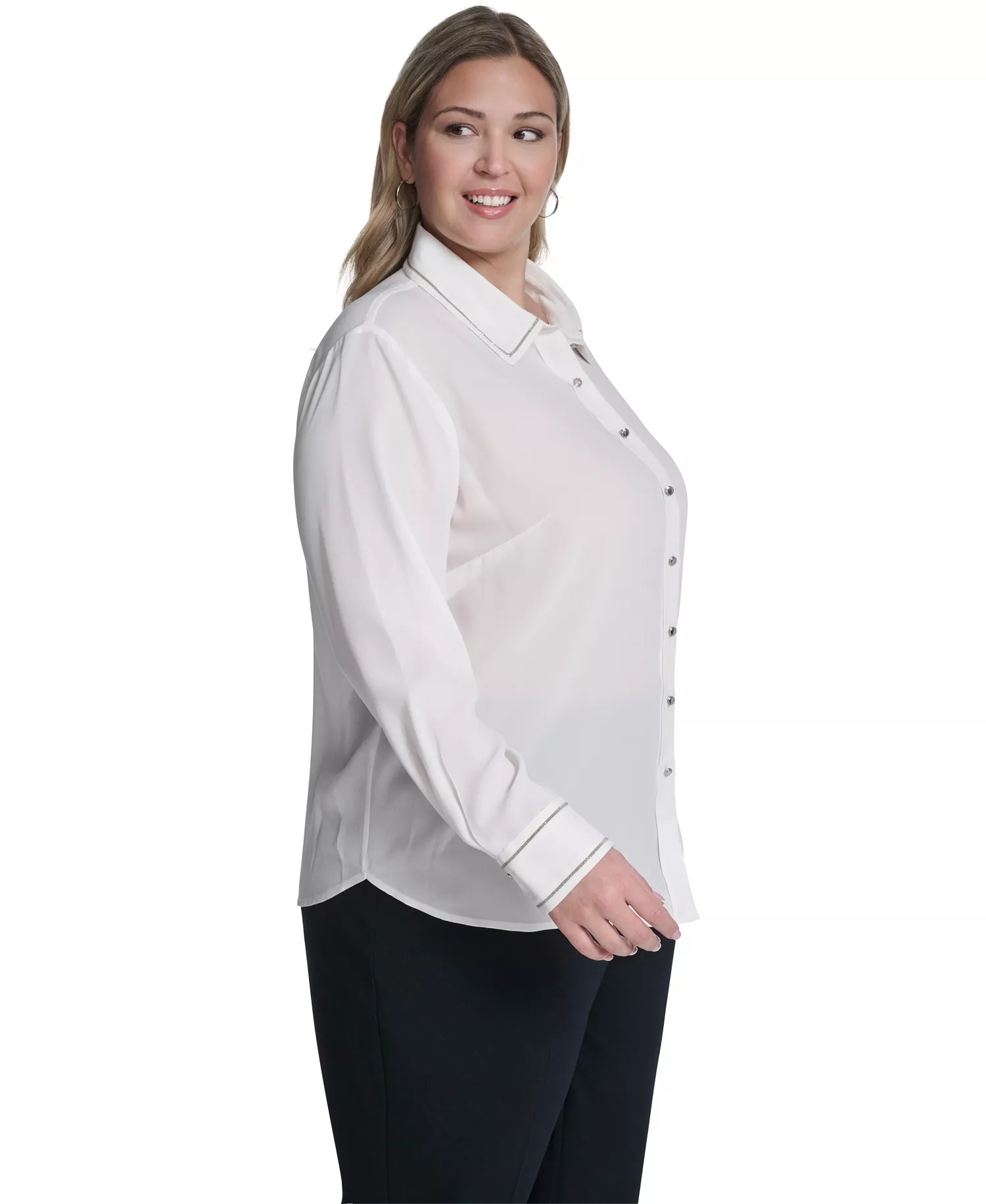 Plus Size Long-Sleeve Button-Down Top - Cream - 1X